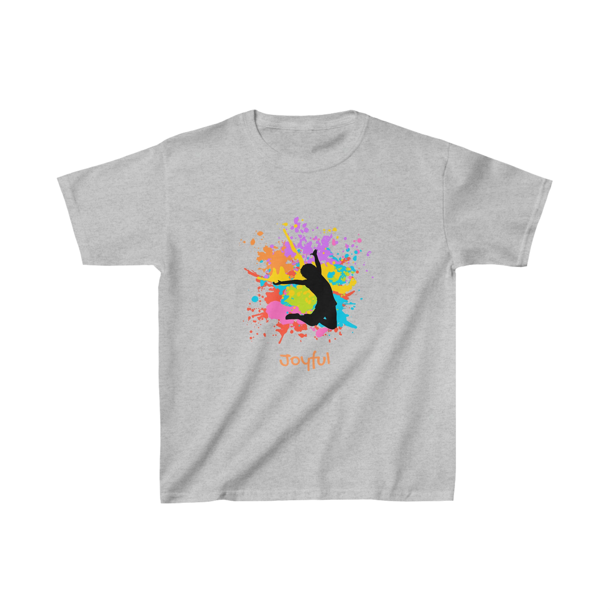 Youth unisex grey T-Shirts with" Joyful" inspired graphic on front.