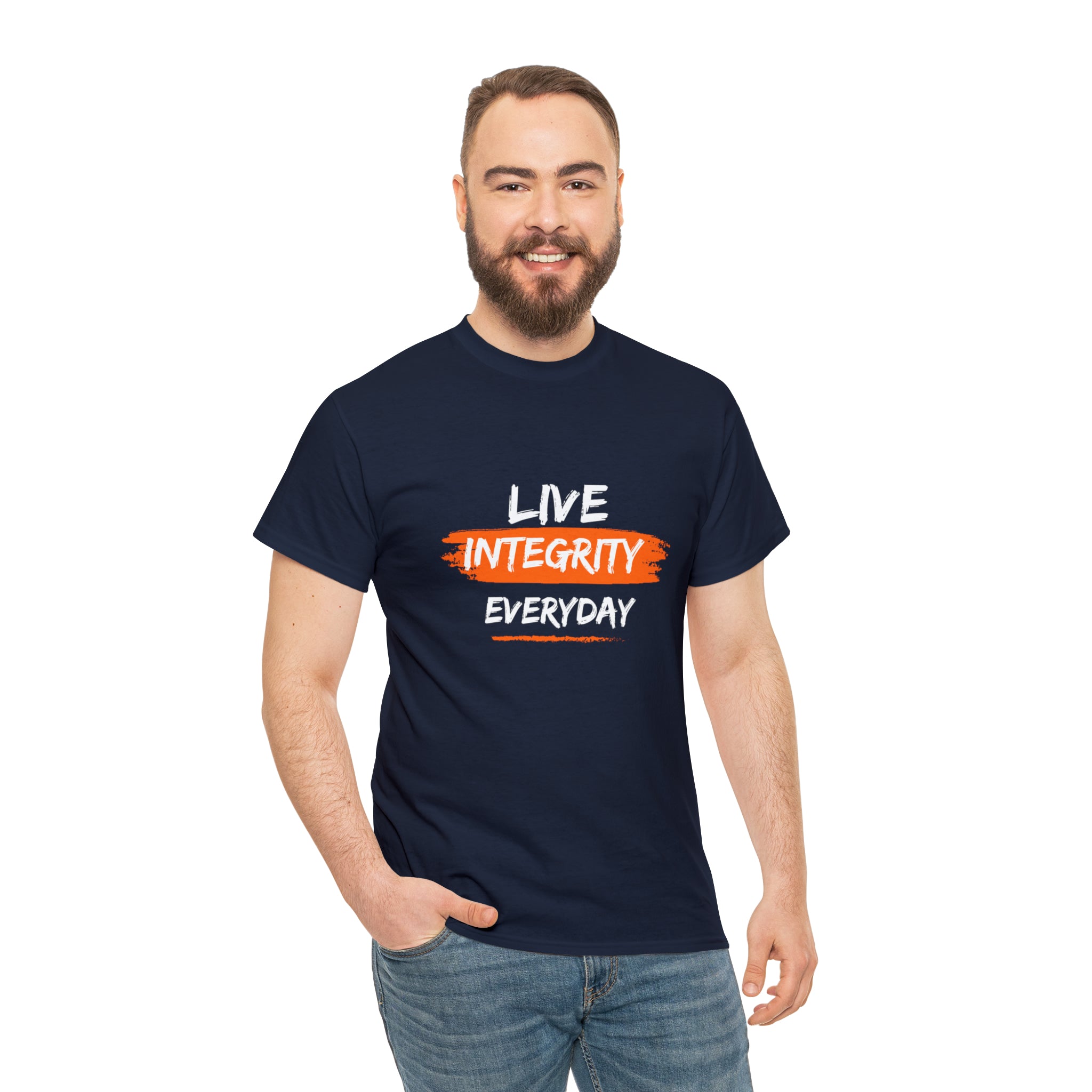 Adult male wearing navy T-Shirt " Live Integrity Everyday" inspired images