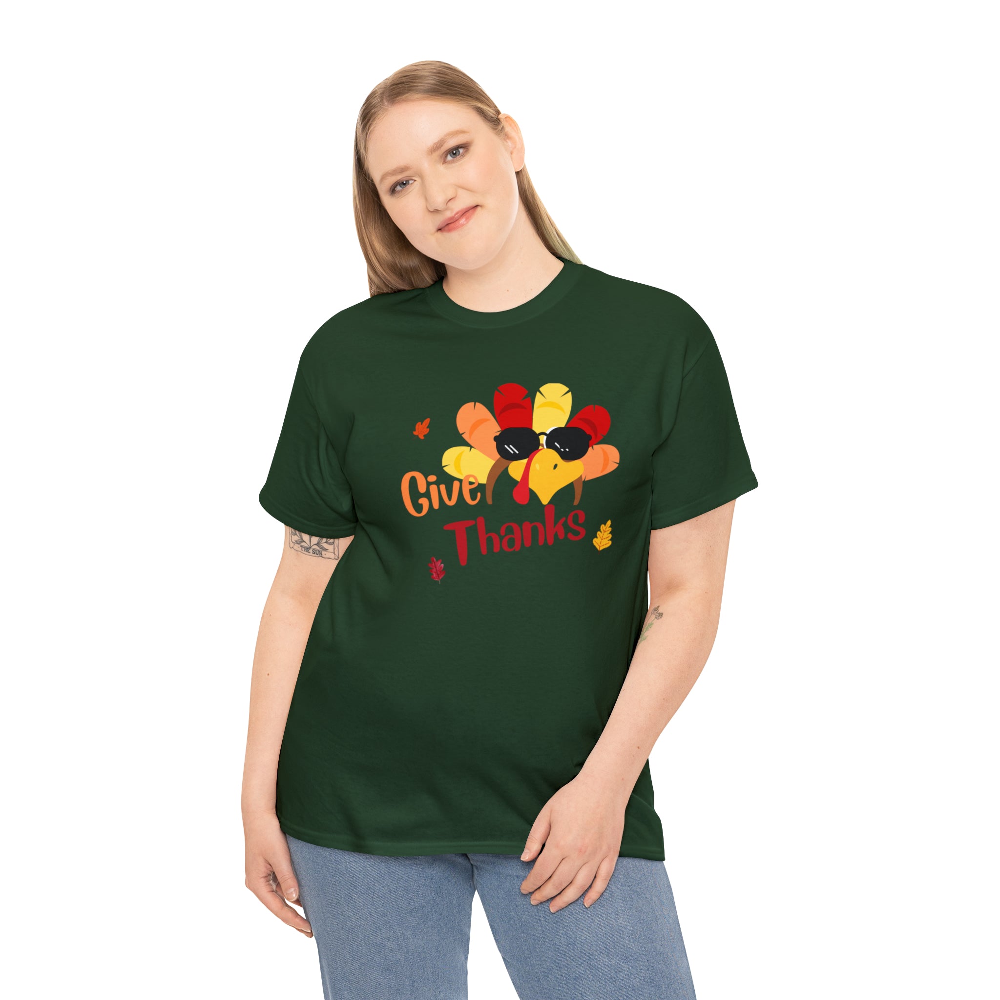 Adult women hunter green T-Shirt " Give Thanks" with Turkey head on front.