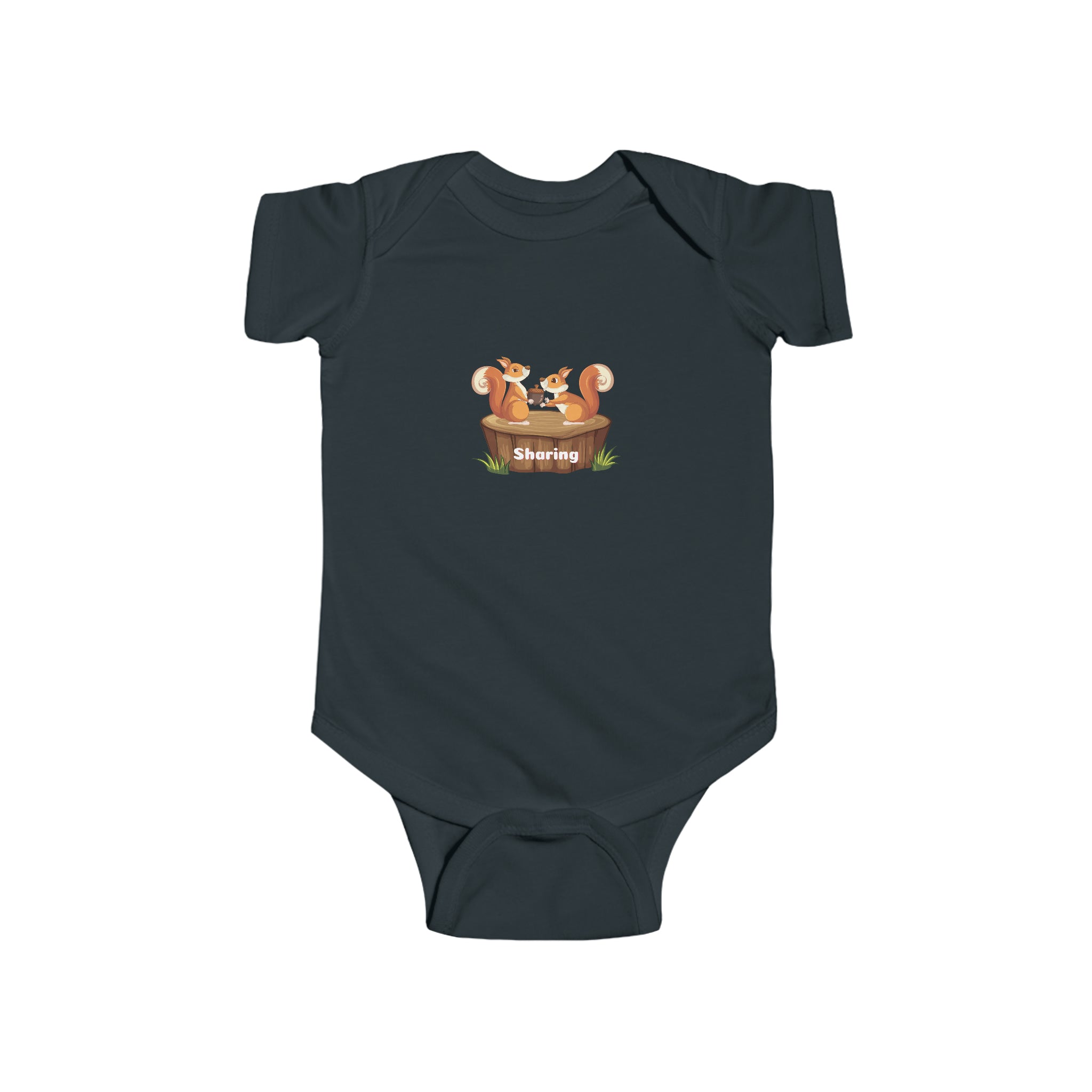 Infant unisex black onesie with "Sharing" inspired two squirrels graphic on front.