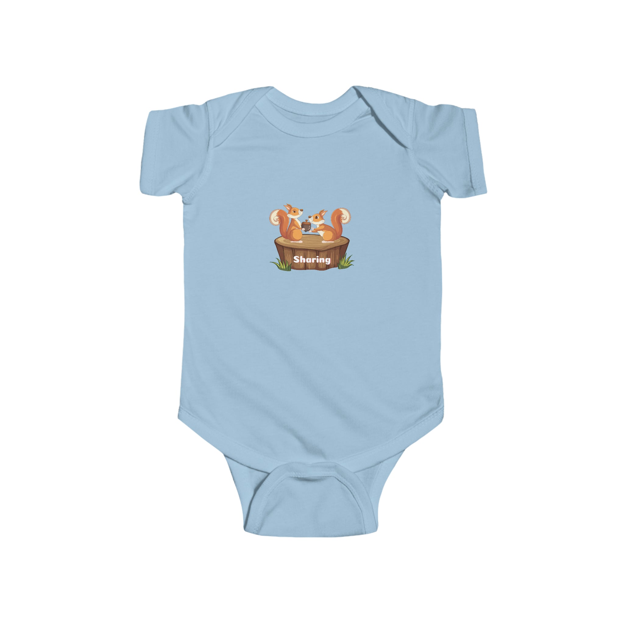 Infant unisex light blue onesie with "Sharing" inspired two squirrels graphic on front.