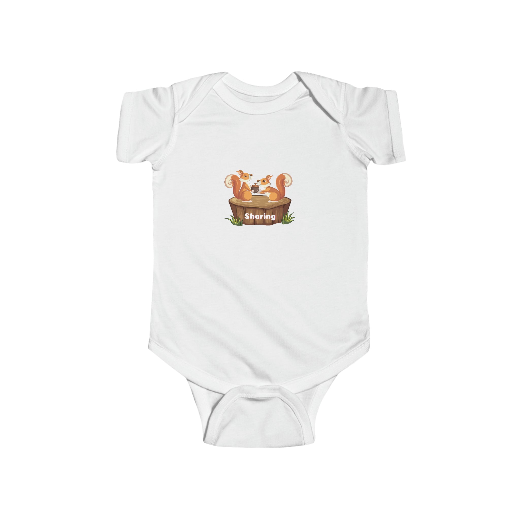 Infant unisex white onesie with "Sharing" inspired two squirrels graphic on front.