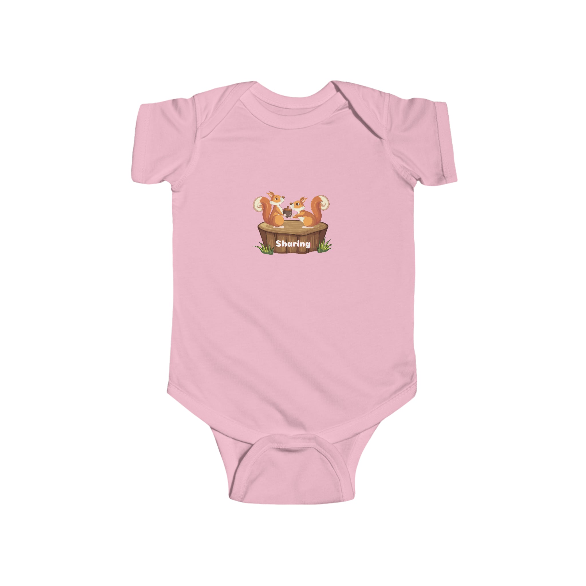 Infant unisex pink onesie with "Sharing" inspired two squirrels graphic on front.