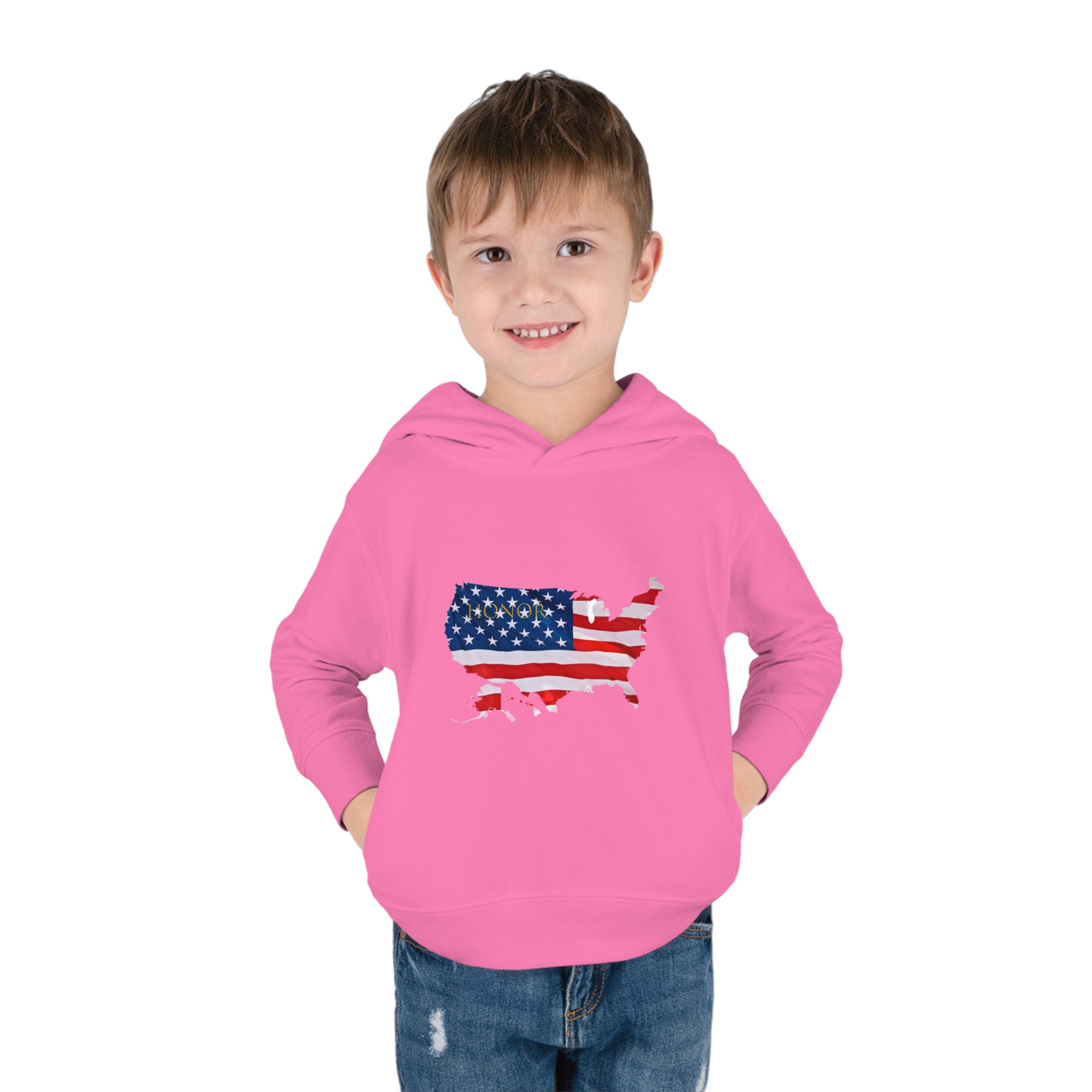 Toddler Boy wearing helicion Hoodie with "Honor USA" inspired American as a Flag graphic on front.