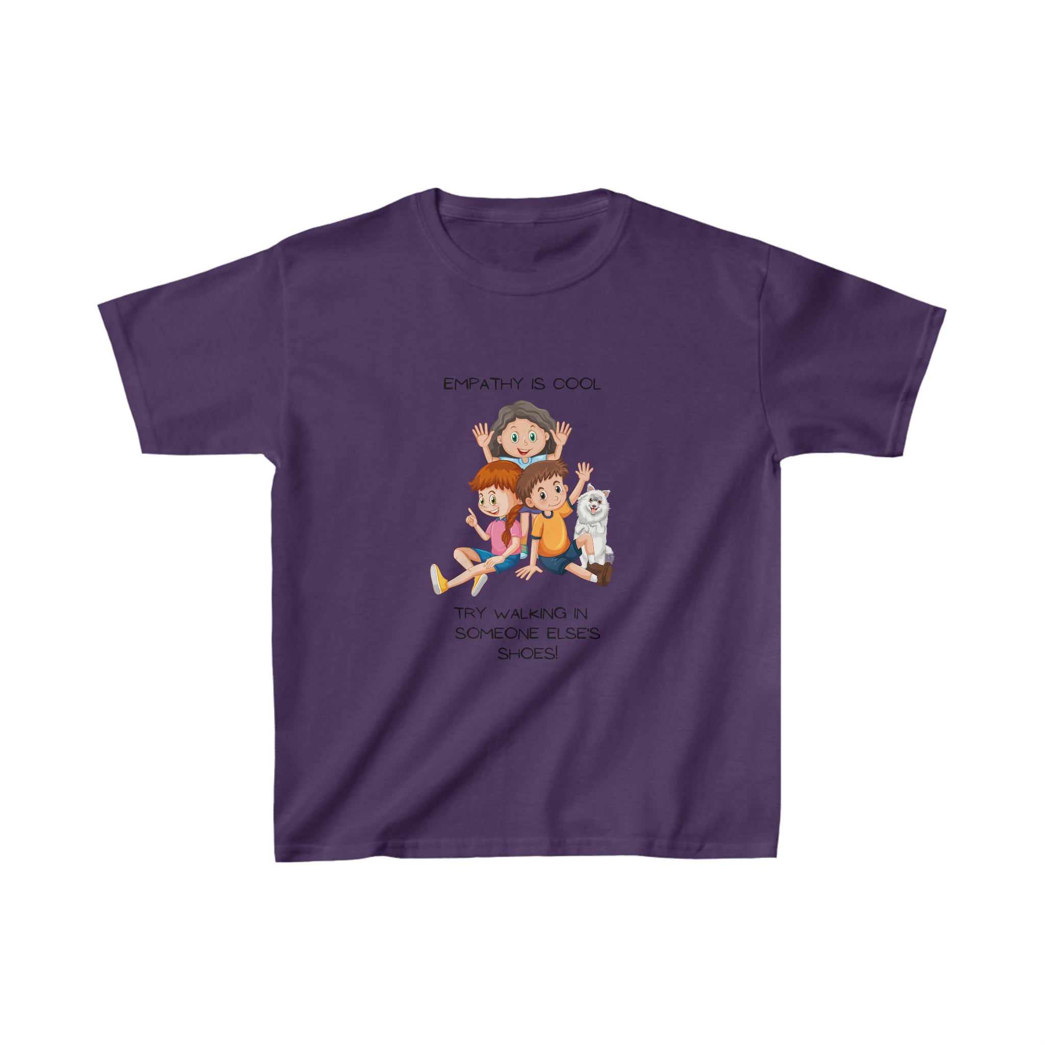 Youth unisex  purple T-Shirt with "Empathy Is Cool Try Walking In Someone Else's Shoes" Inspired 3 People and a dog graphic on front.