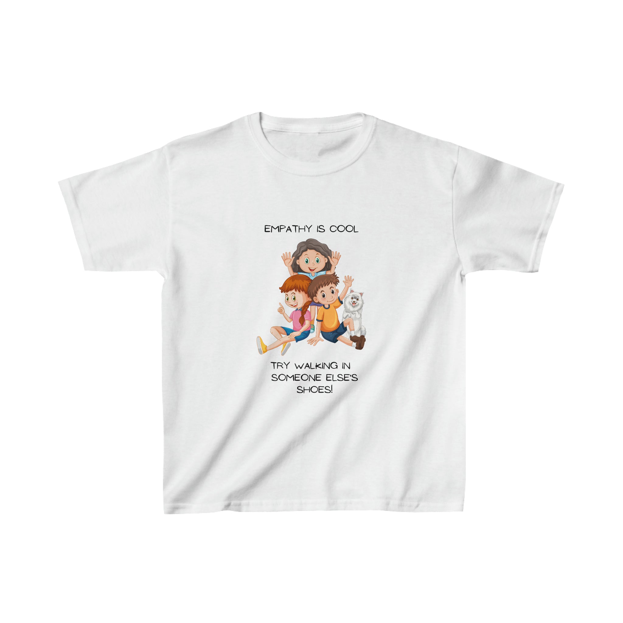 Youth white unisex T-Shirt with "Empathy Is Cool Try Walking In Someone Else's Shoes" Inspired 3 People and a dog graphic on front.
