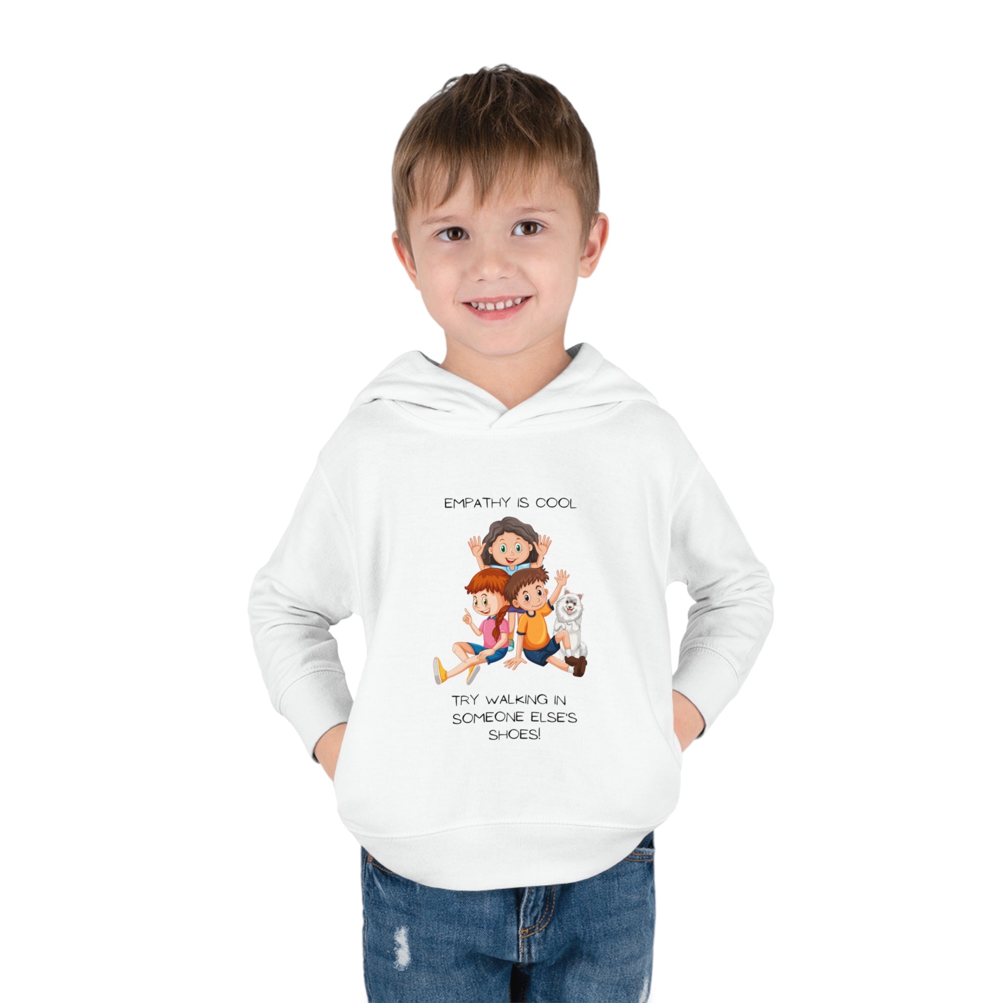 Toddler boy wearing white hoodie " Empathy Is Cool Try Walking In Someone Else's Shoes" Inspired message on front.