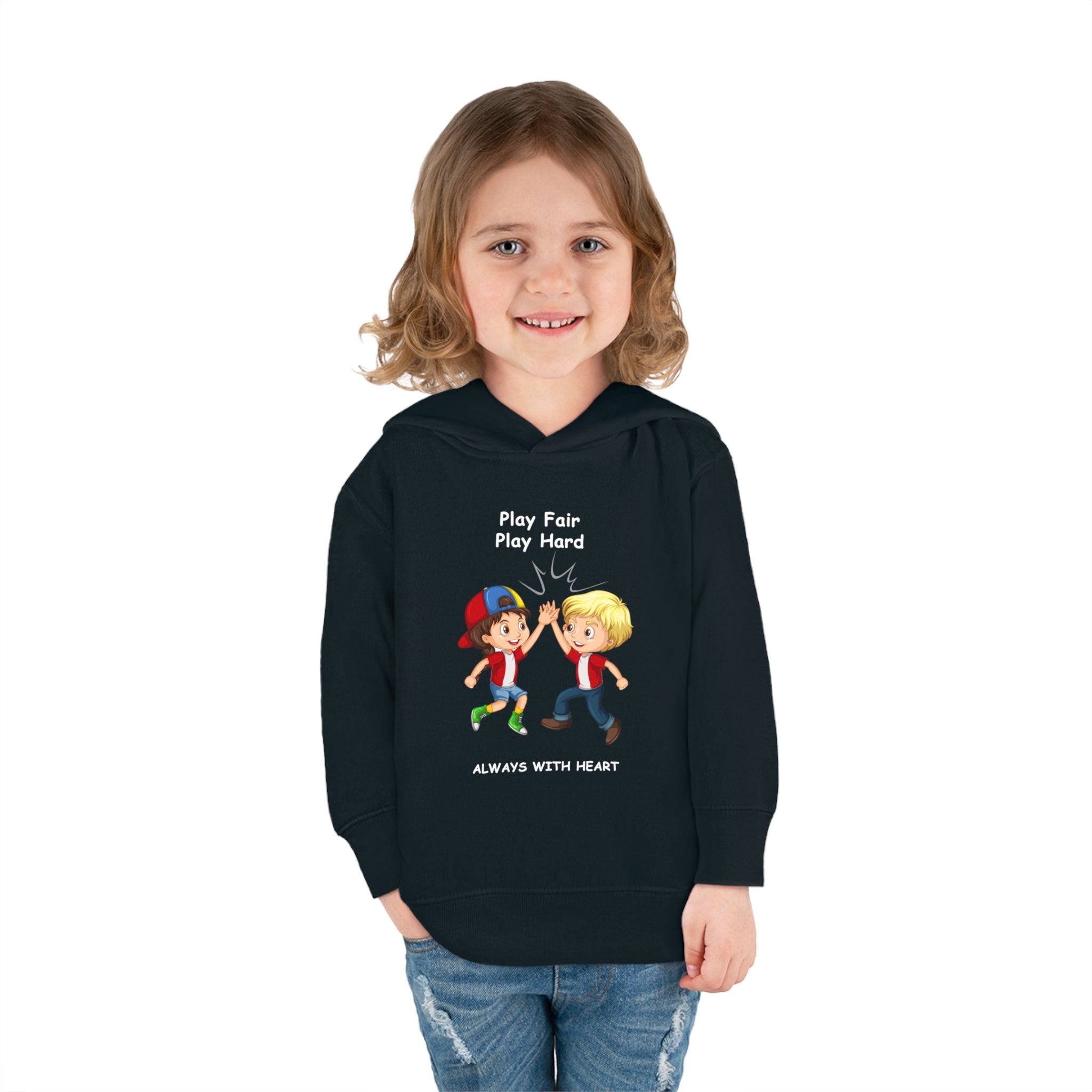 Girl Toddler wearing unisex black hoodie with " Play Fair Play Hard Always with Heart" inspired graphic