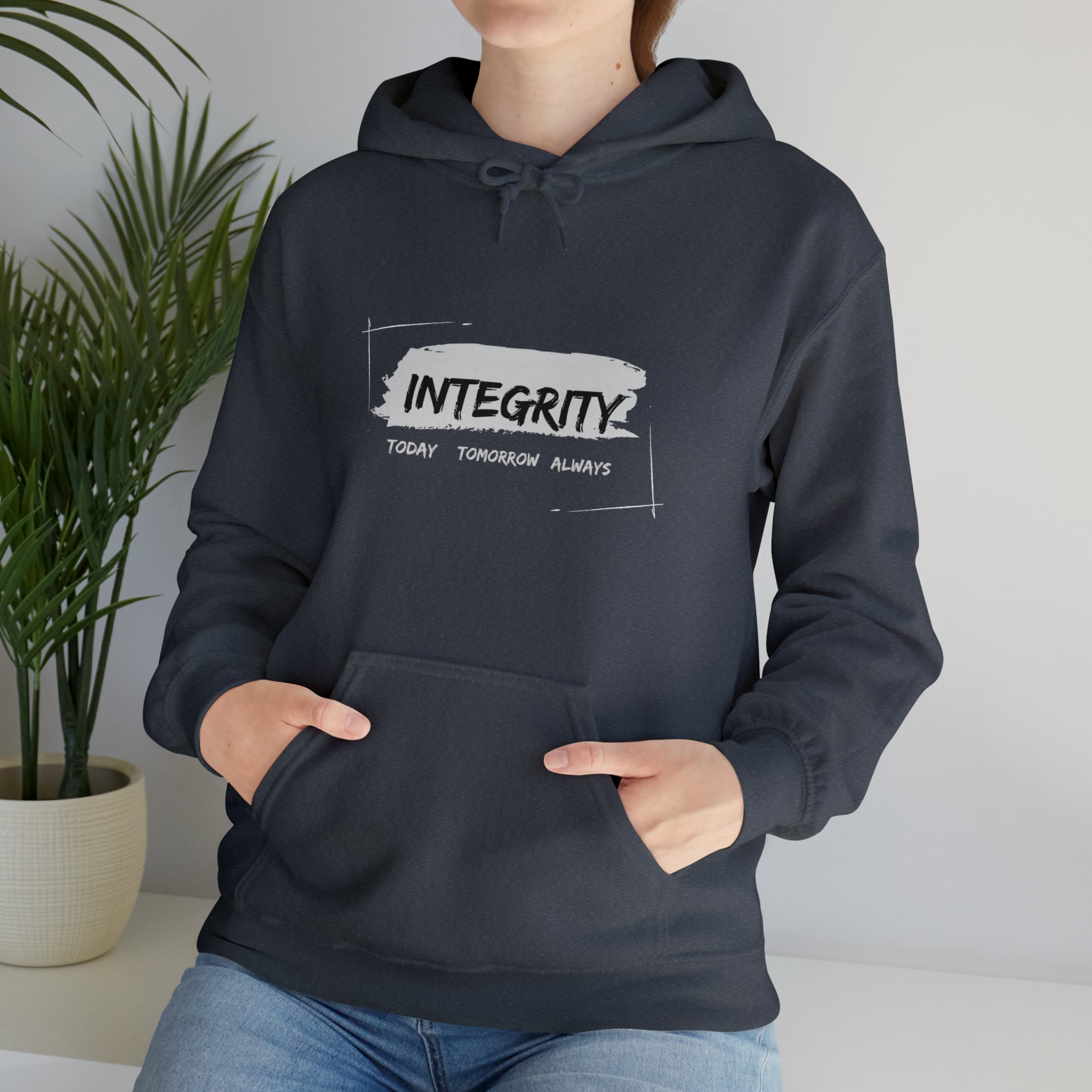 Adult Unisex heather hoodie " Integrity Today Tomorrow Always" inspired image.