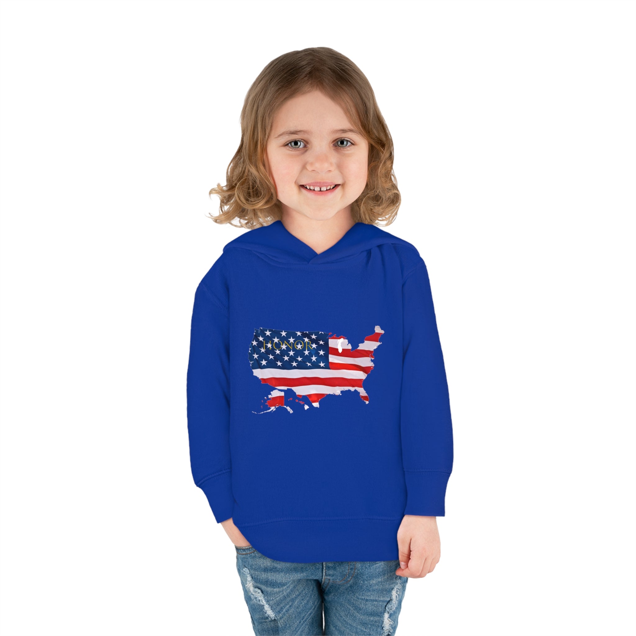 Toddler Girl wearing royal Hoodie with "Honor USA" inspired American as a Flag graphic on front.
