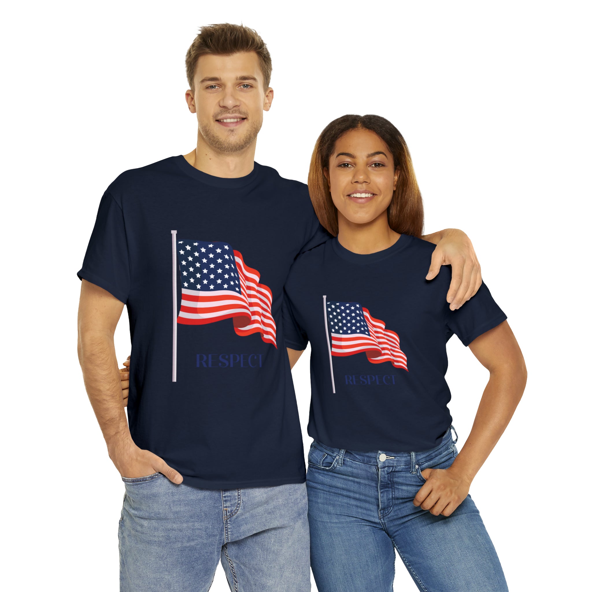 Adult Man & Women wearing navy T-Shirt " Respect" American flag on front.