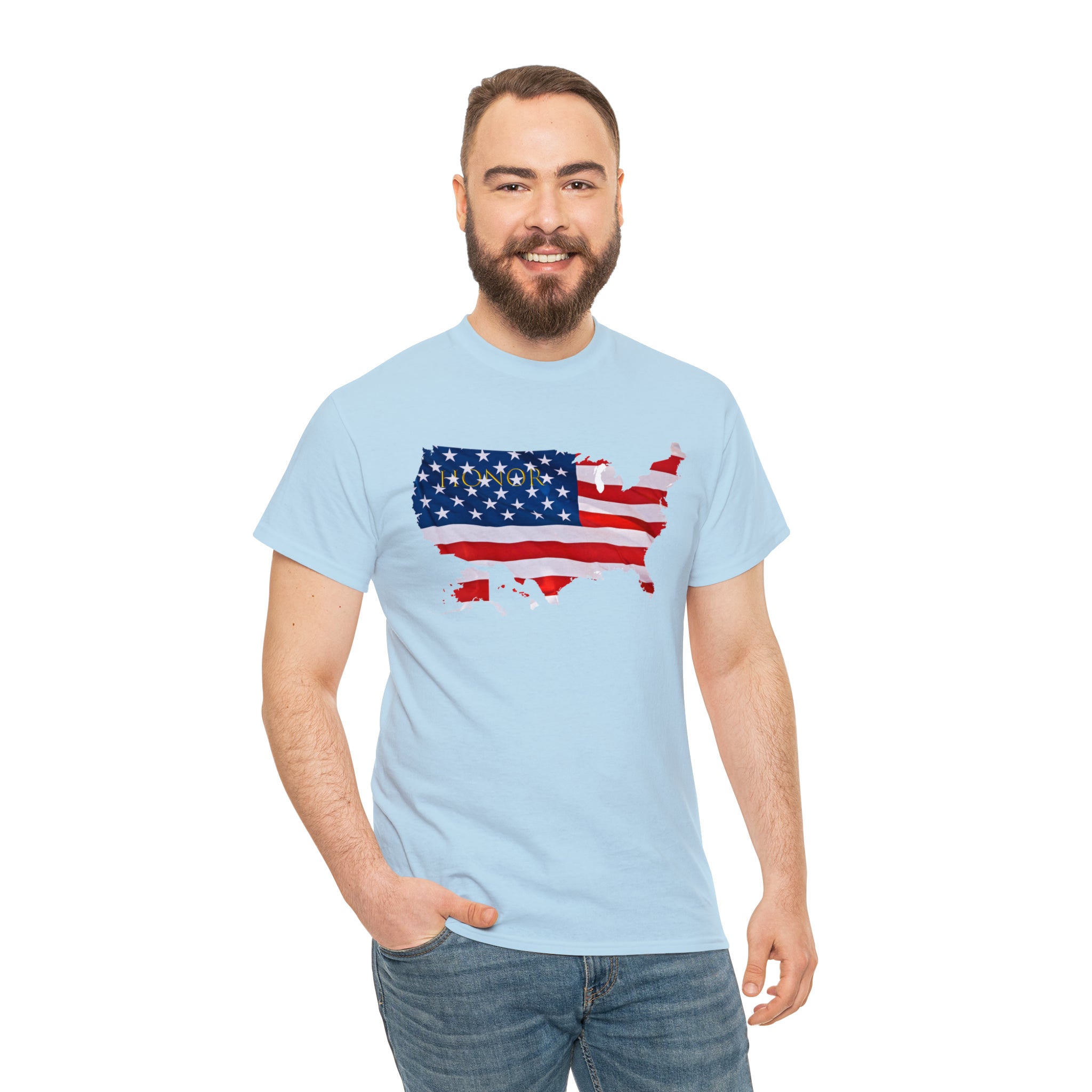 Adult Male wearing light blue T-Shirt with "Honor USA" inspired American as a Flag graphic on front.