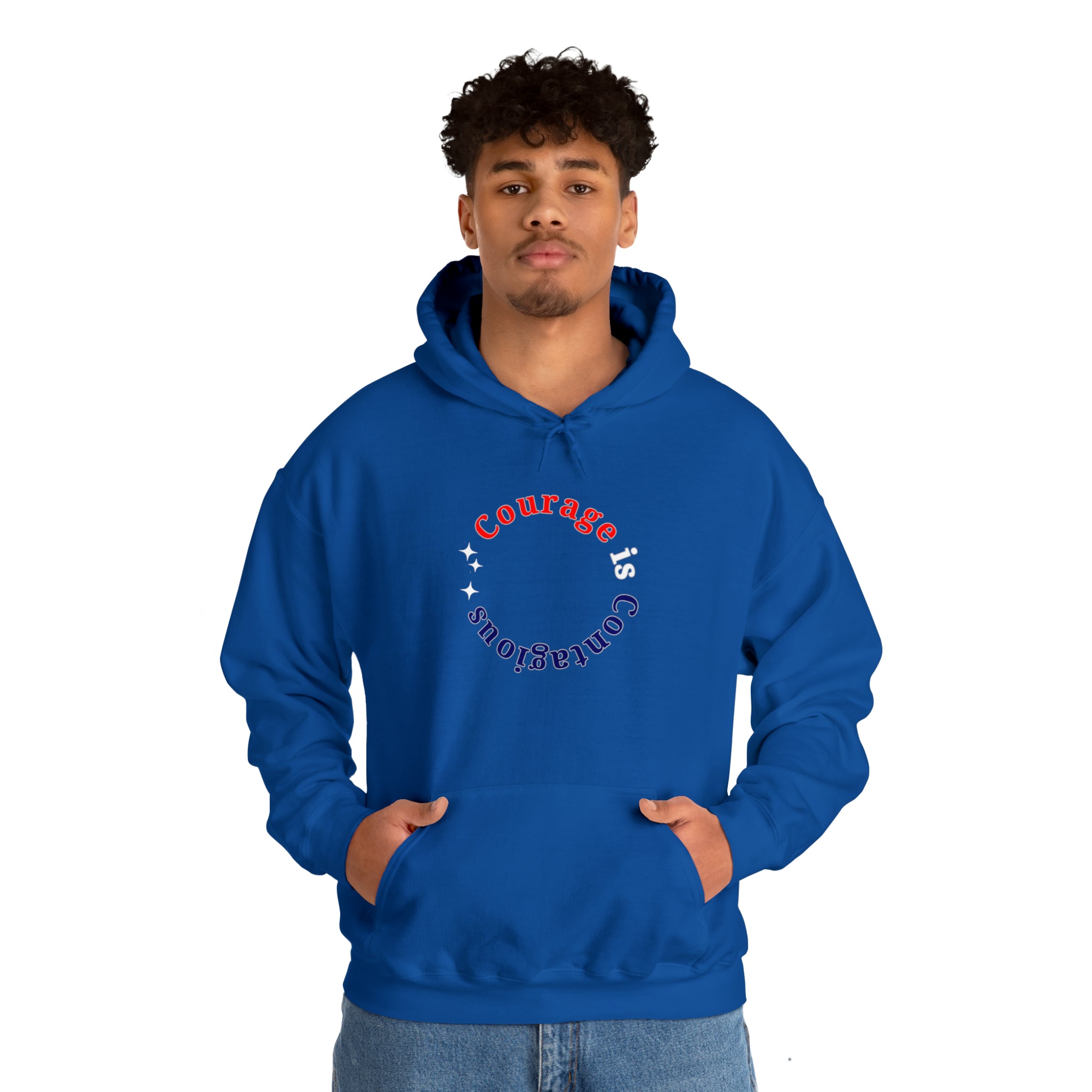 Adult man wearing royal hoodie " Courage is Contagious" inspired message on front.