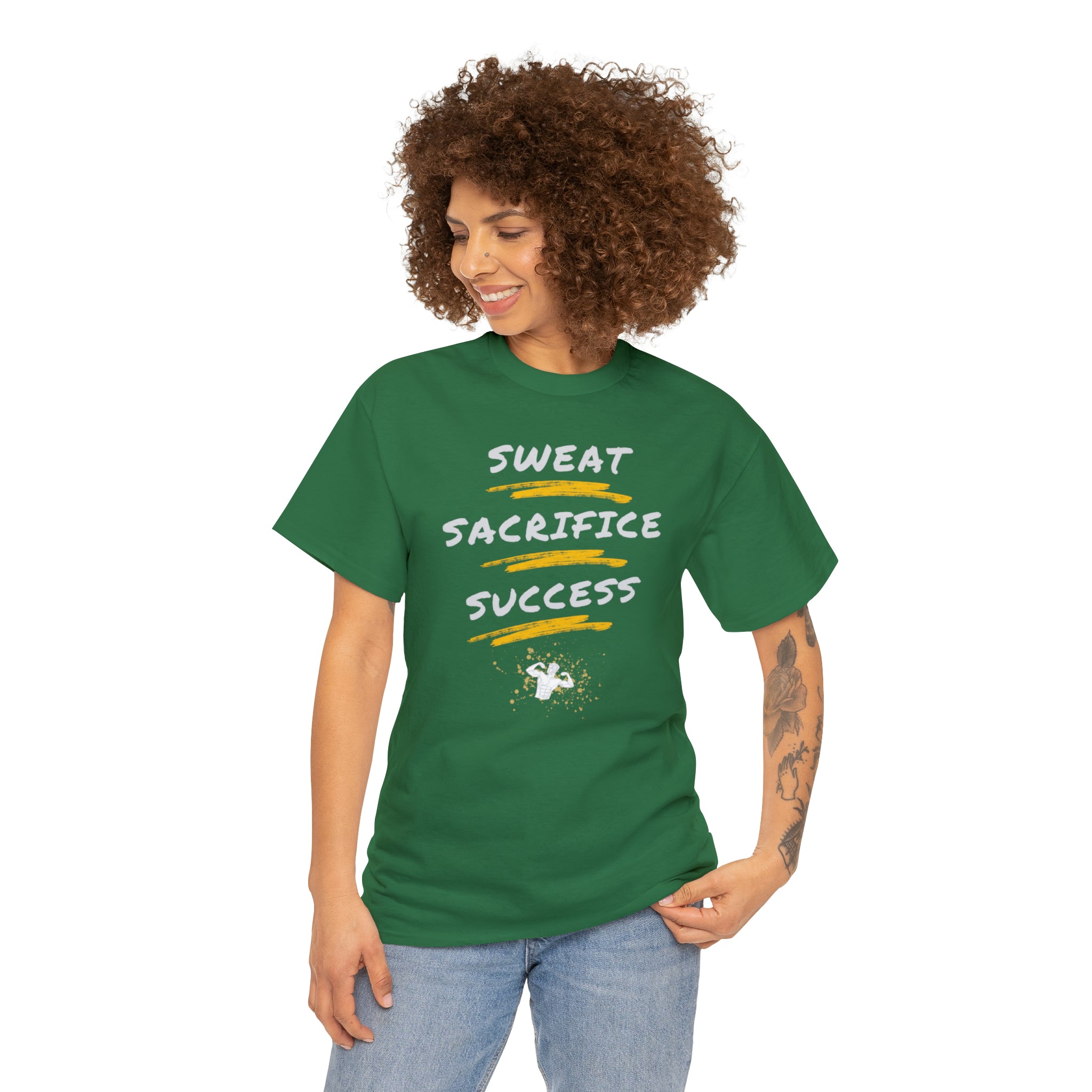 Adult Model wearing Irish Green T-Shirt with Sweat Sacrifice Success Image on front.