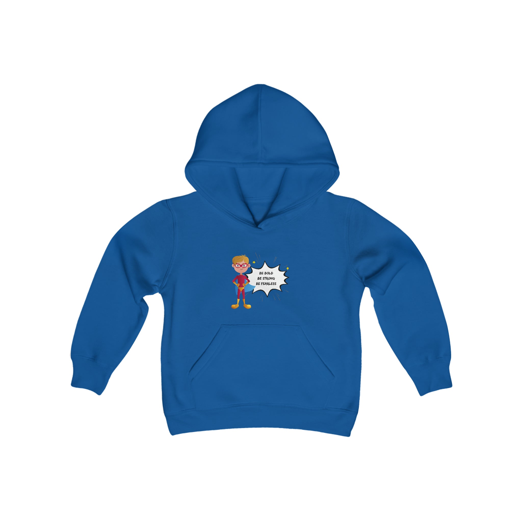 Youth Boy royal  hoodie with "Be Bold Be Strong Be Fearless" motivational image on front.