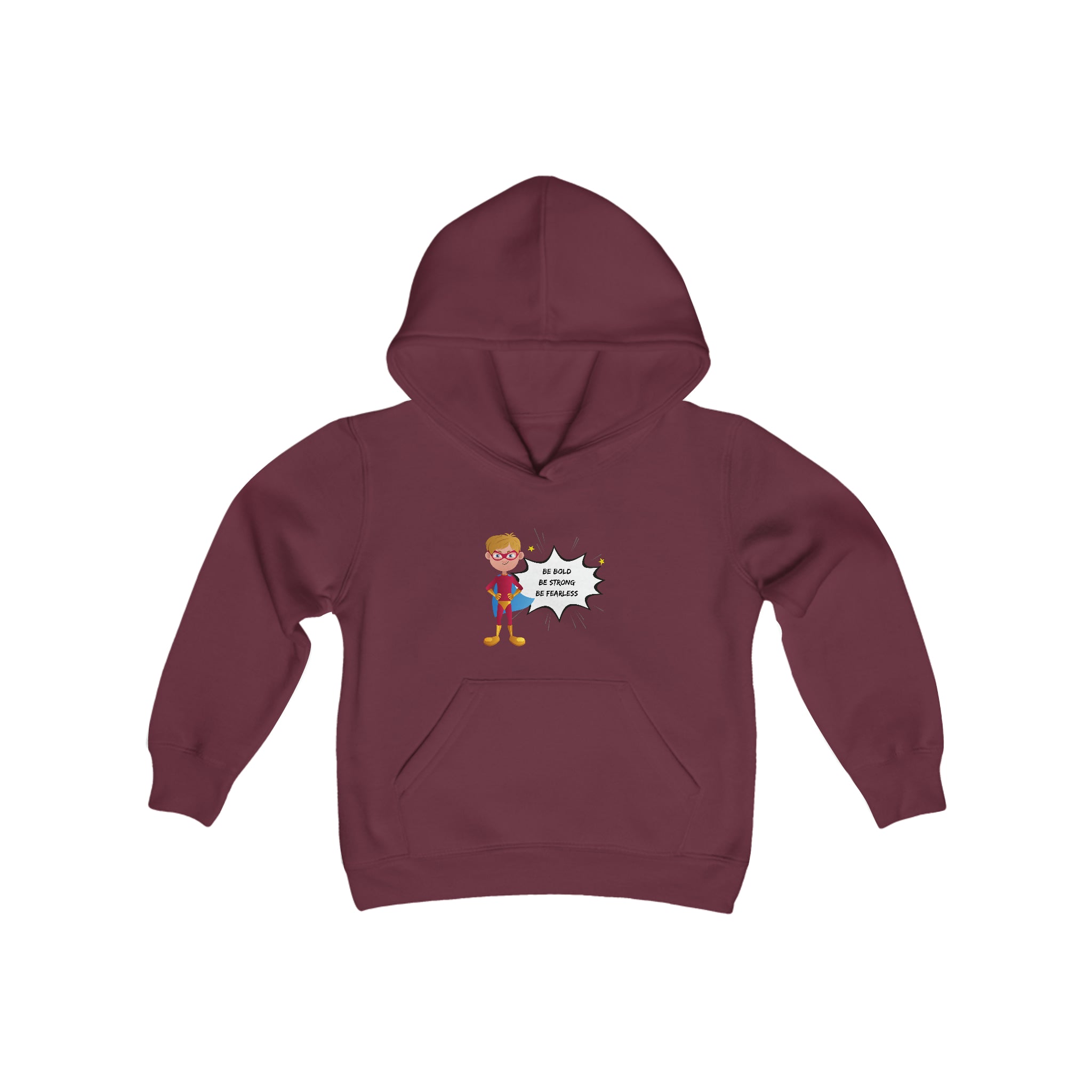 Youth Boy maroon hoodie with "Be Bold Be Strong Be Fearless" motivational image on front.