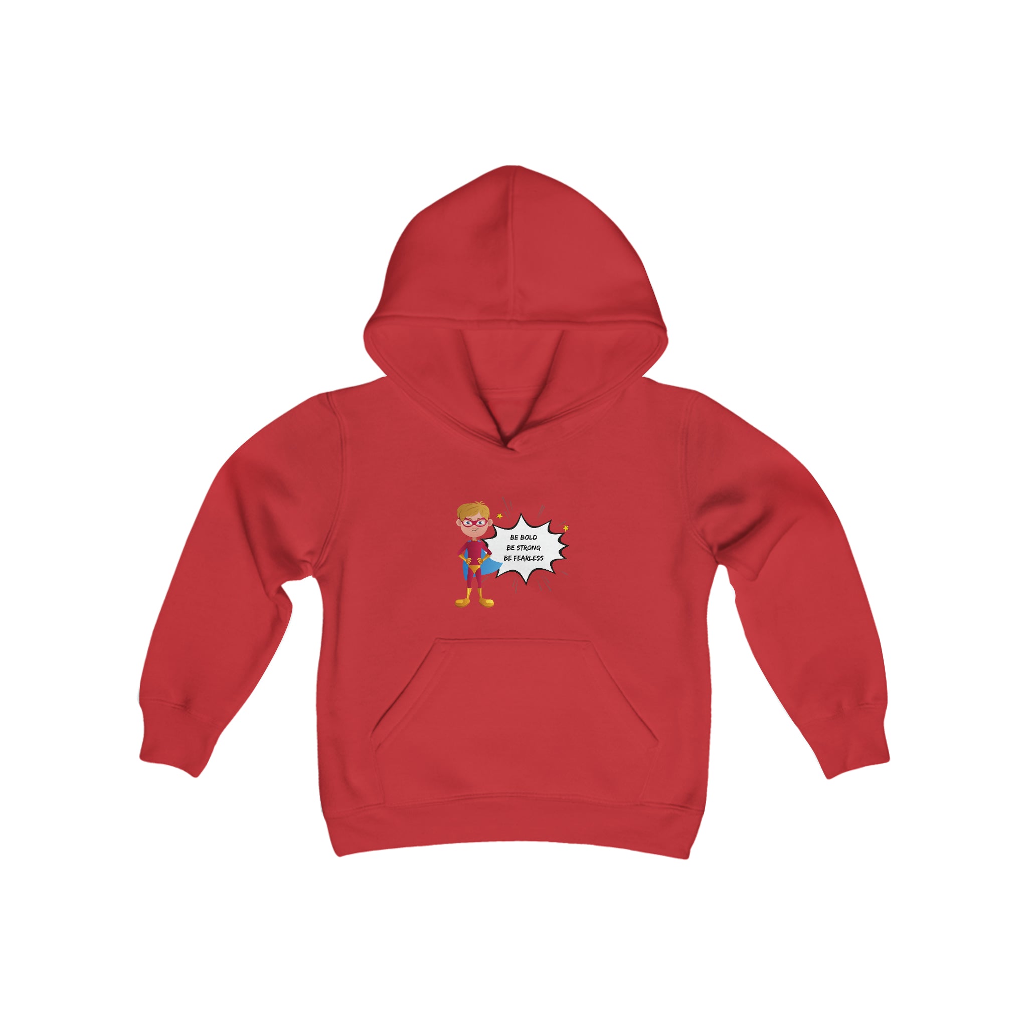 Youth Boy red hoodie with "Be Bold Be Strong Be Fearless" motivational image on front.
