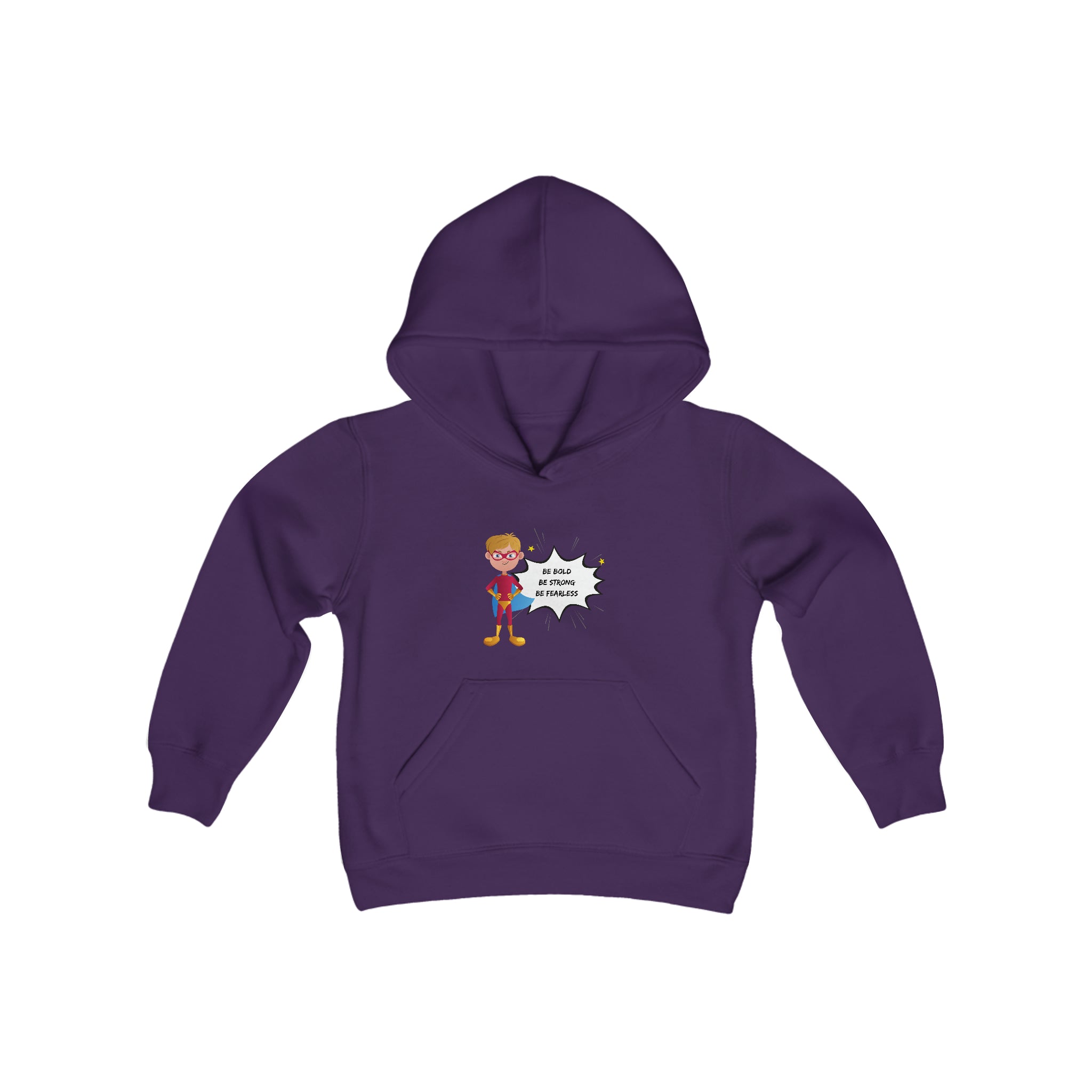 Youth Boy purple hoodie with "Be Bold Be Strong Be Fearless" motivational image on front.