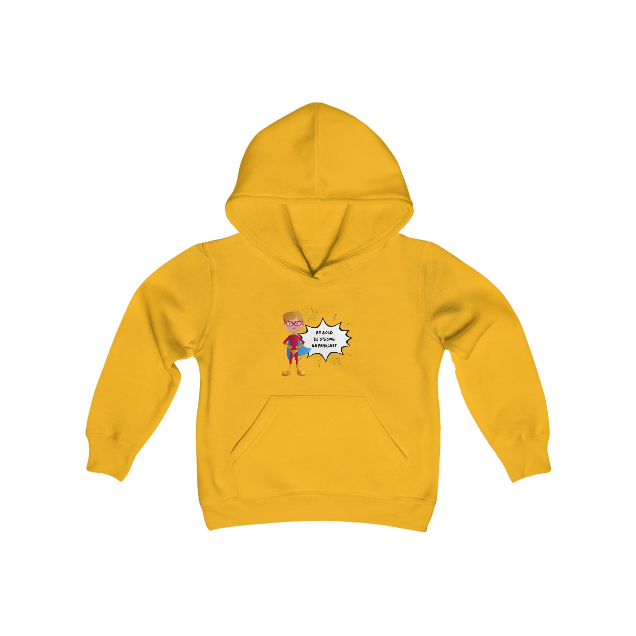 Youth Boy gold hoodie with "Be Bold Be Strong Be Fearless" motivational image on front.