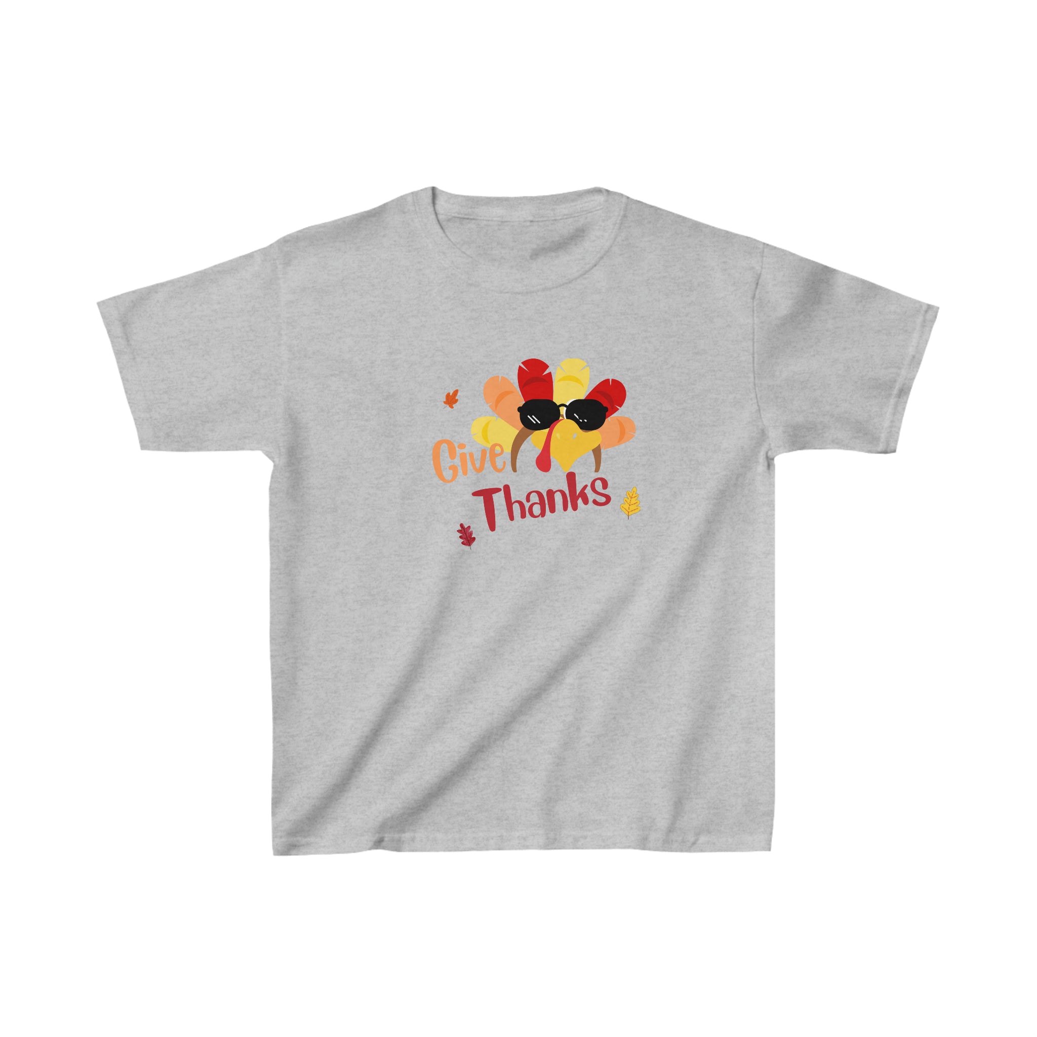 Youth unisex sports grey T-Shirt " Give Thanks" with Turkey head on front.