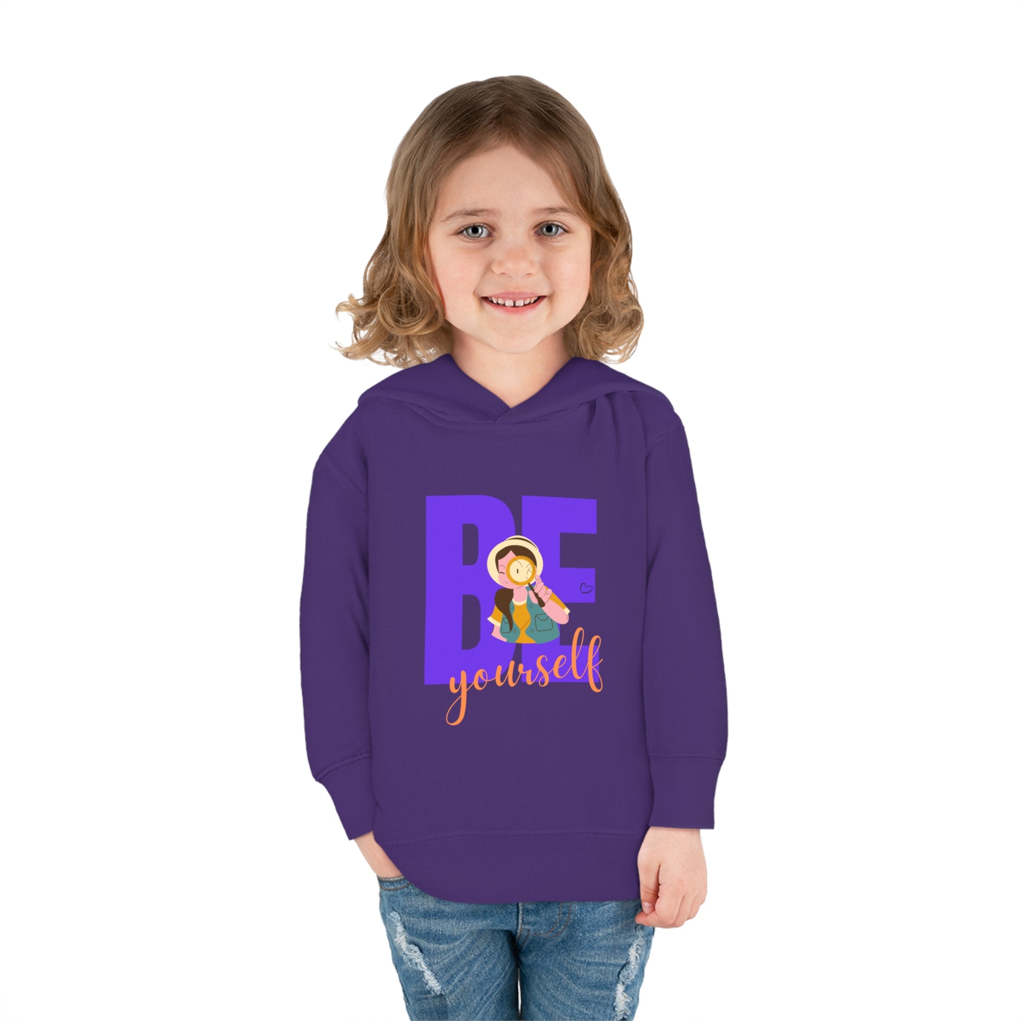 Toddler girls wearing purple  hoodie with "Be Yourself" motivational image on front.