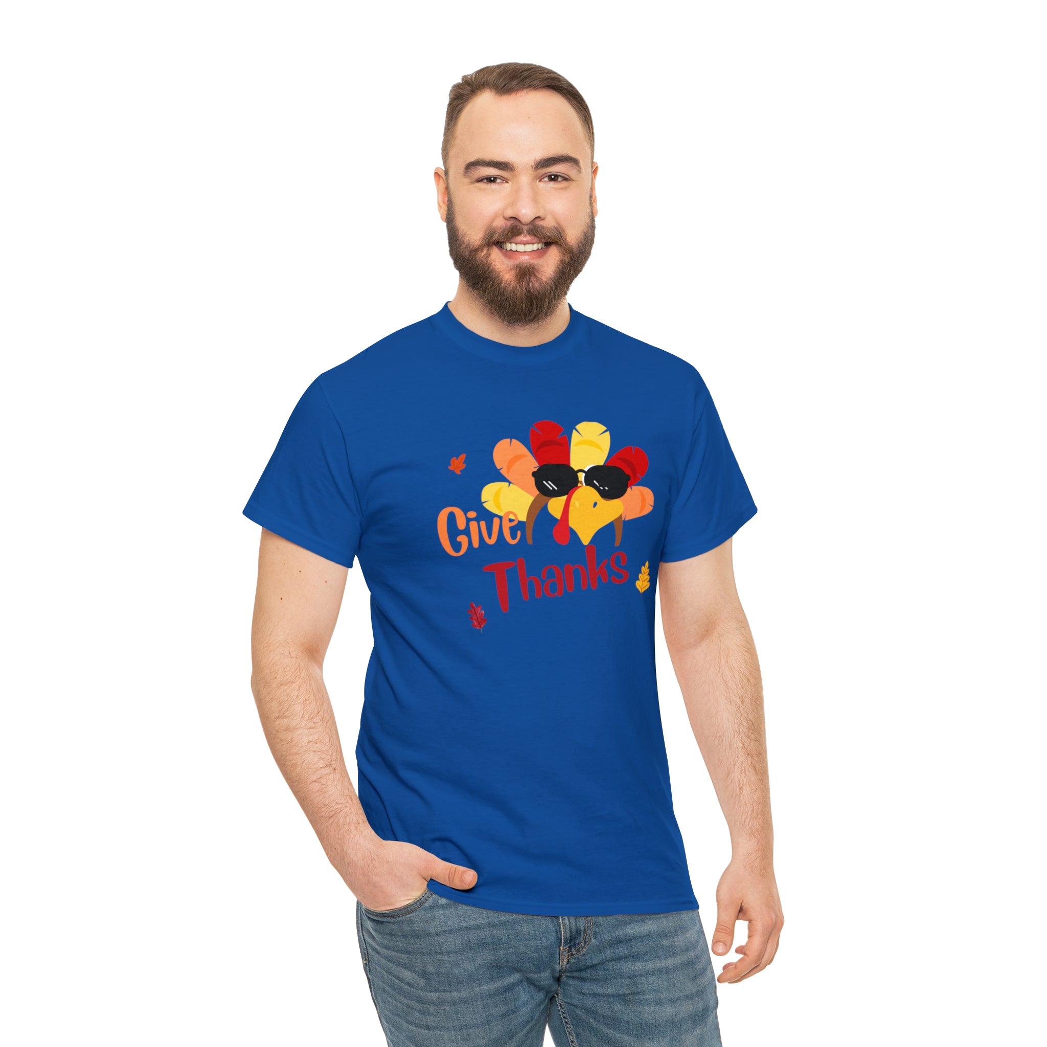 Adult men royal  T-Shirt " Give Thanks" with Turkey head on front.