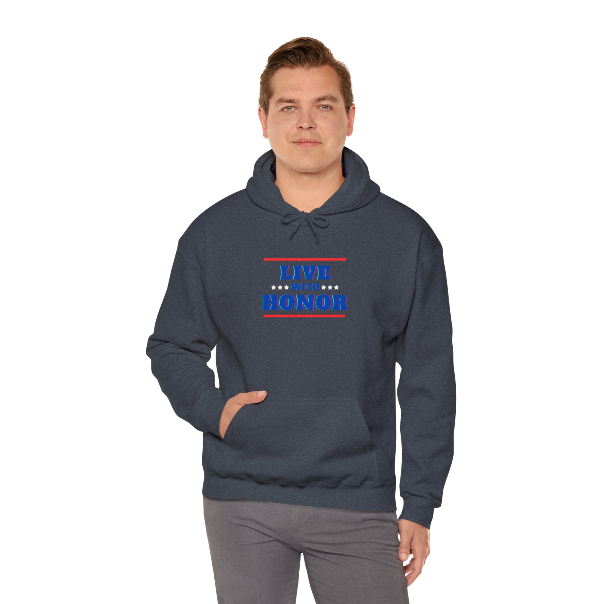 Adult male wearing sports grey hoodie " Live With Honor" inspired images