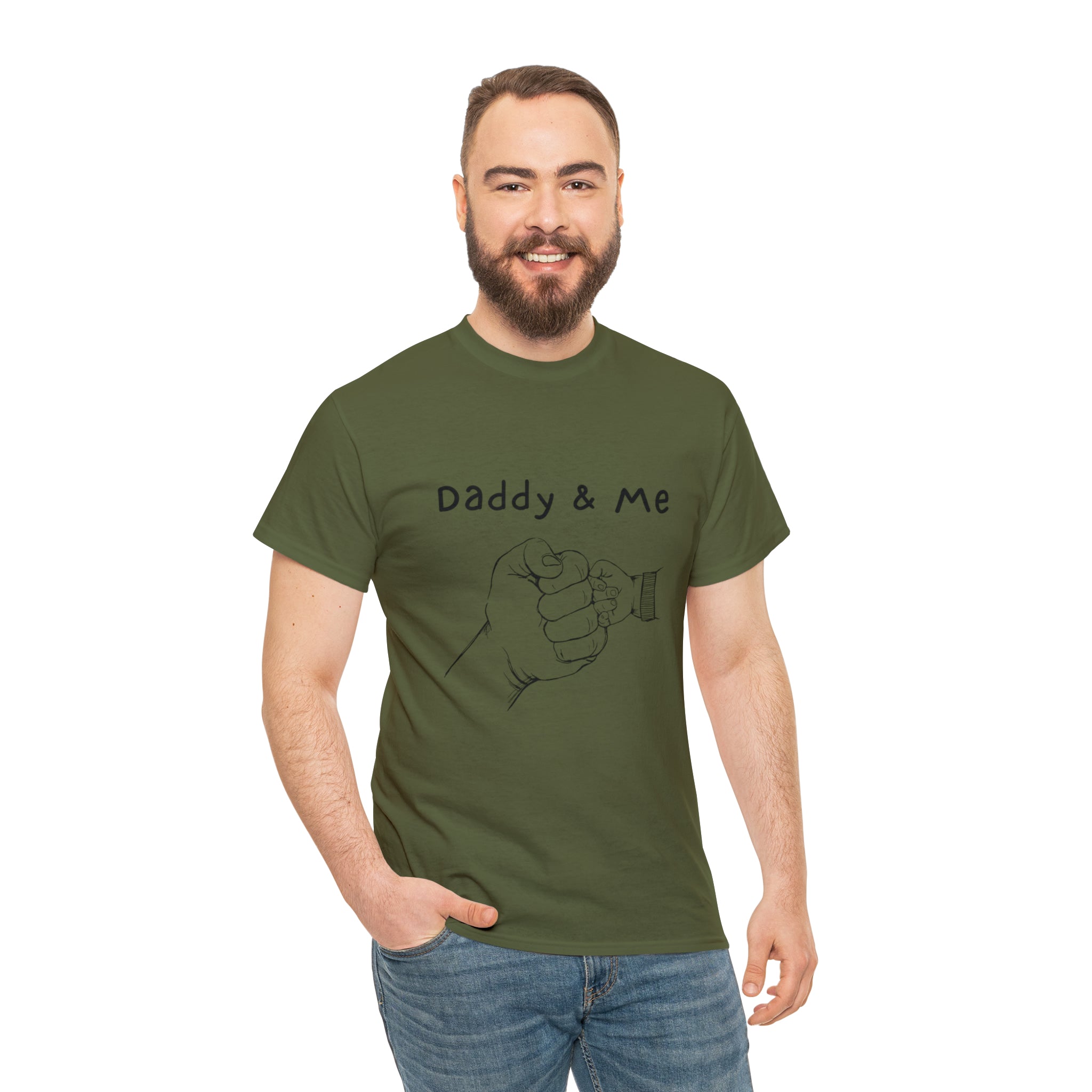 Adult man wearing military green T-Shirt " Daddy & Me" with fist bumps hands on front.