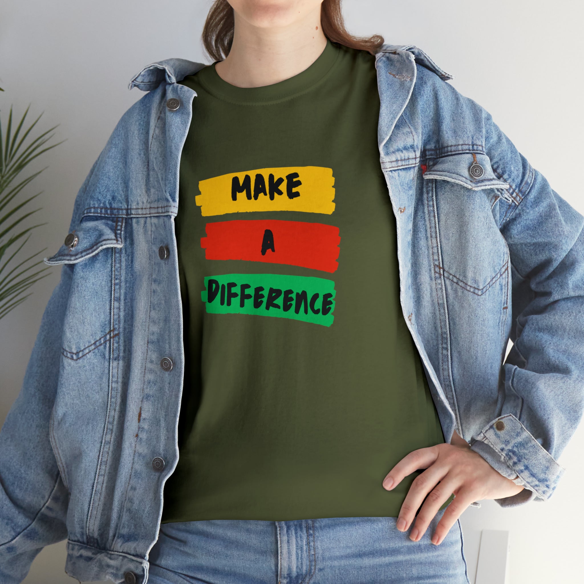 Adult female unisex military green T-Shirt with " Make A Difference" inspired images.