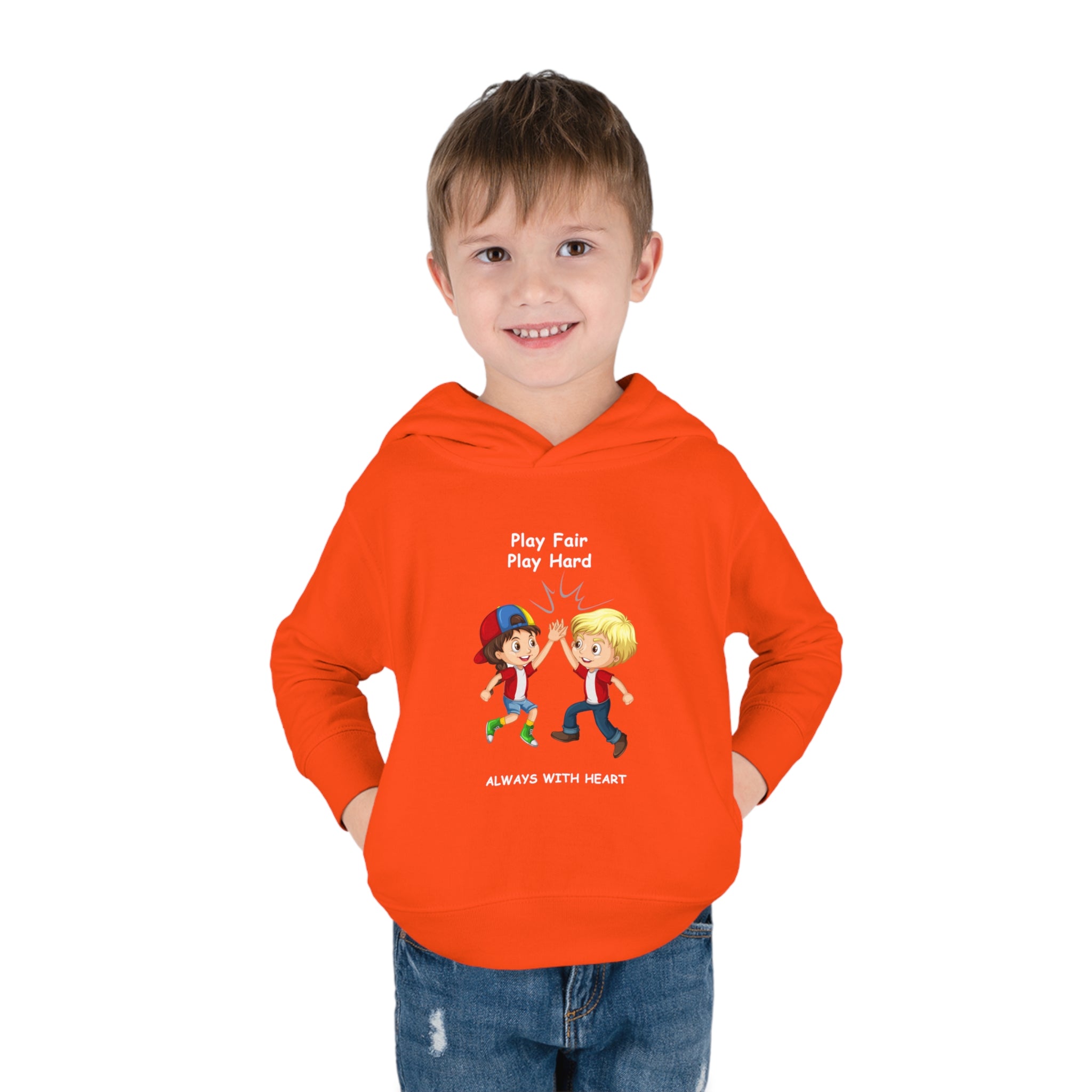Boy Toddler wearing unisex orange hoodie with " Play Fair Play Hard Always with Heart" inspired graphic