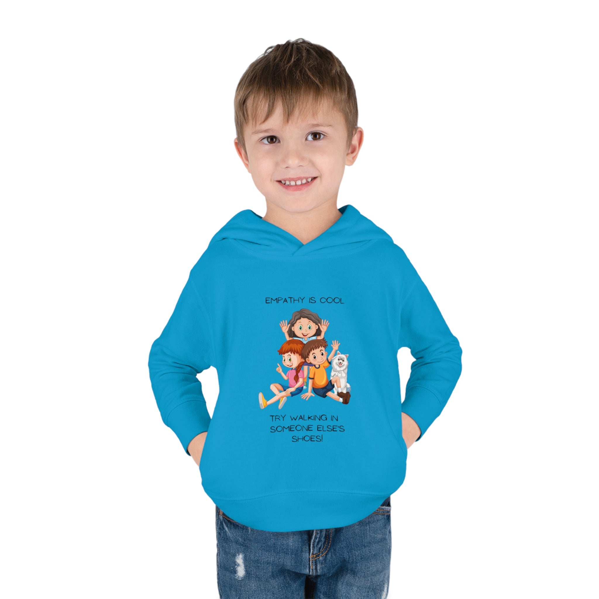 Toddler boy wearing royal hoodie " Empathy Is Cool Try Walking In Someone Else's Shoes" Inspired message on front.