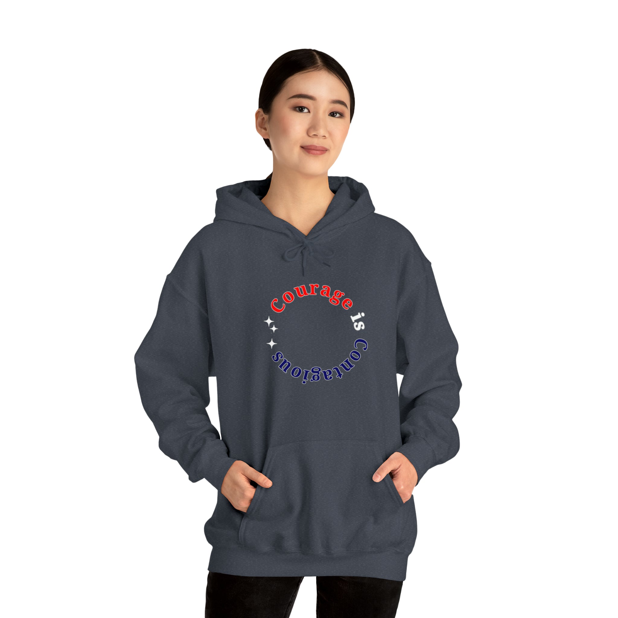 Adult Women wearing dark heather hoodie " Courage is Contagious" inspired message on front.