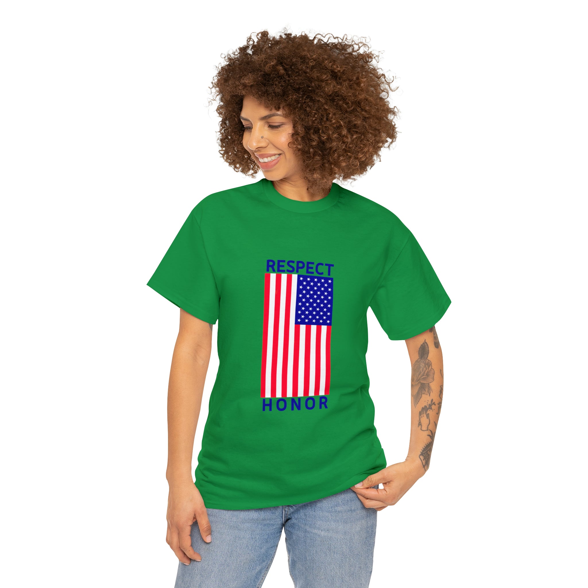 Adult female wearing irish green T-Shirt with "Respect Honor" Inspired Classic American Flag on front.