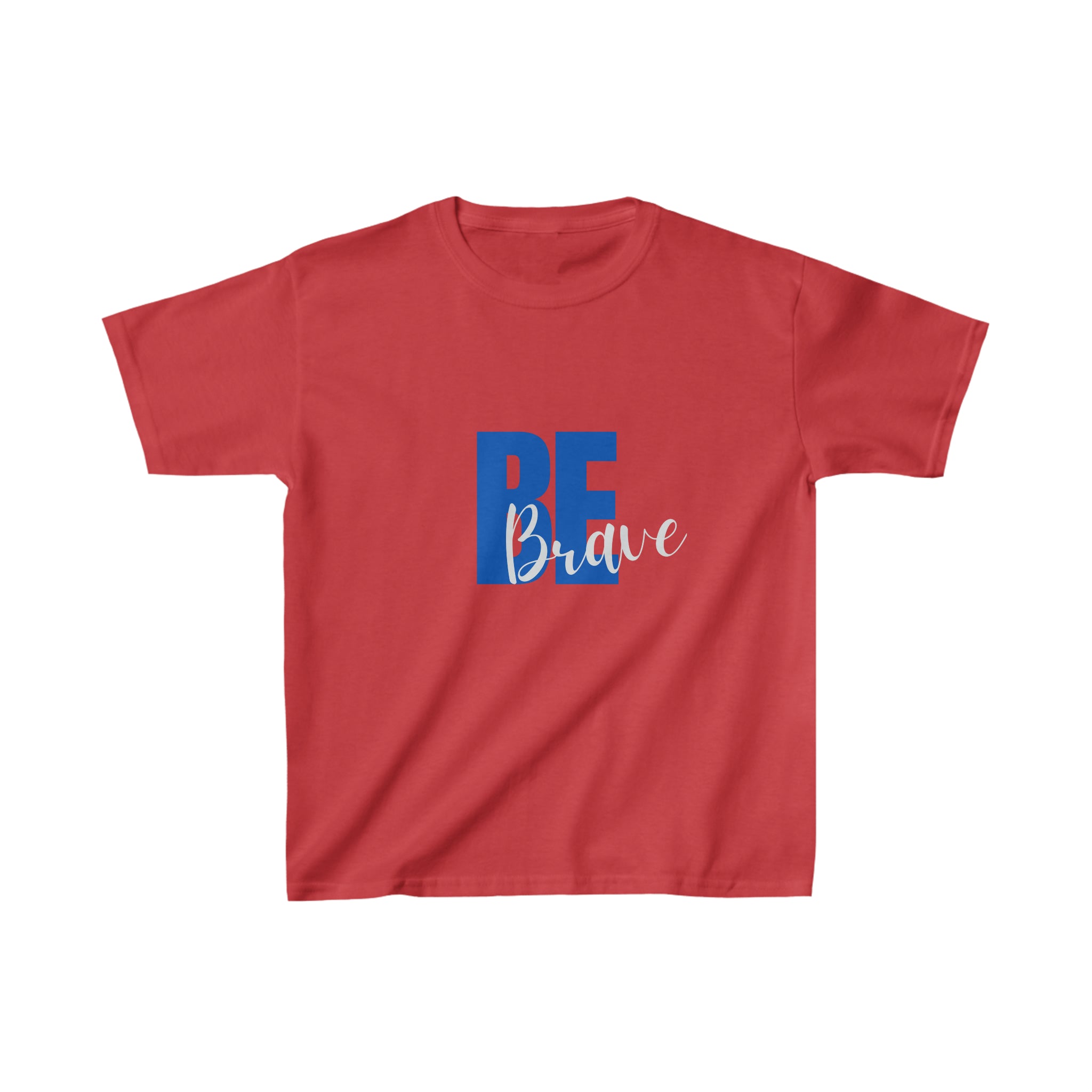 Youth unisex red T-Shirt with "Be Brave" motivational image on front.