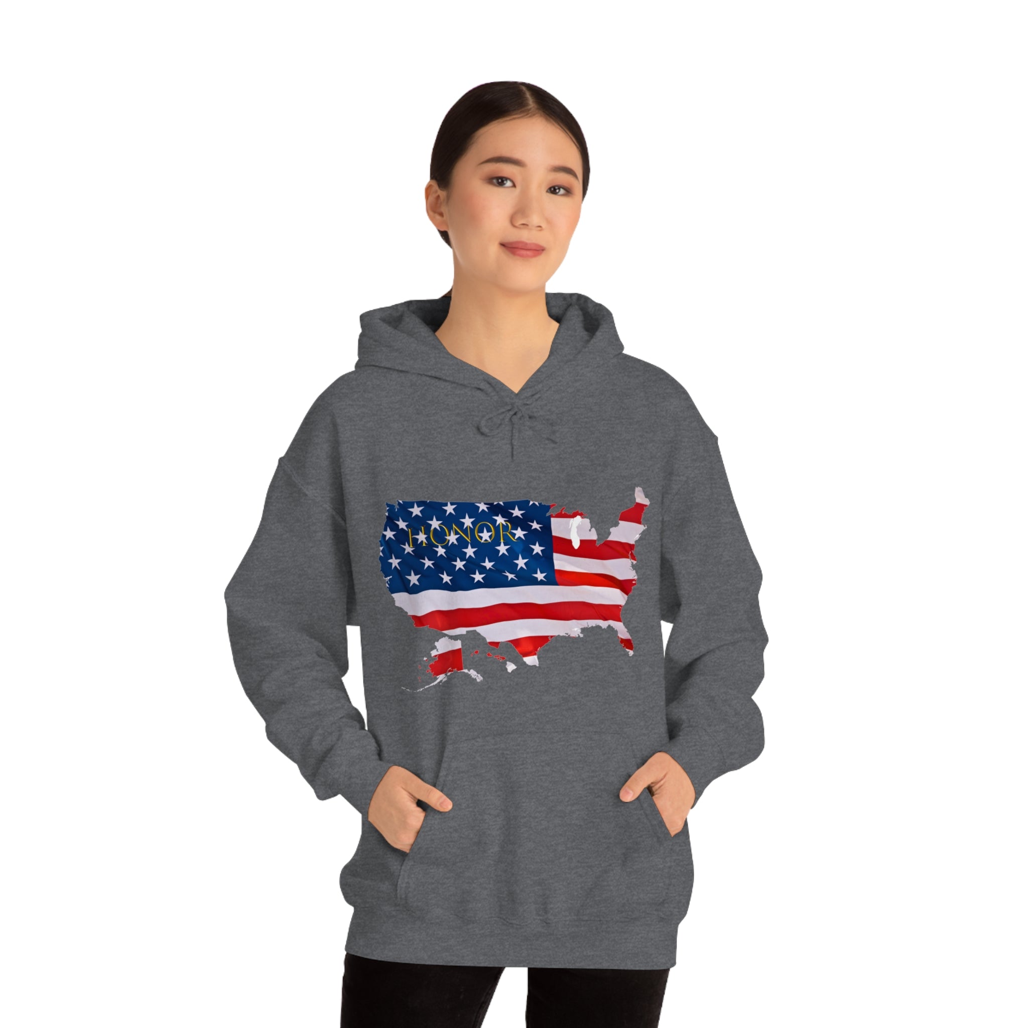 Adult female wearing bark grey hoodie with "Honor USA" inspired American as a Flag graphic on front.