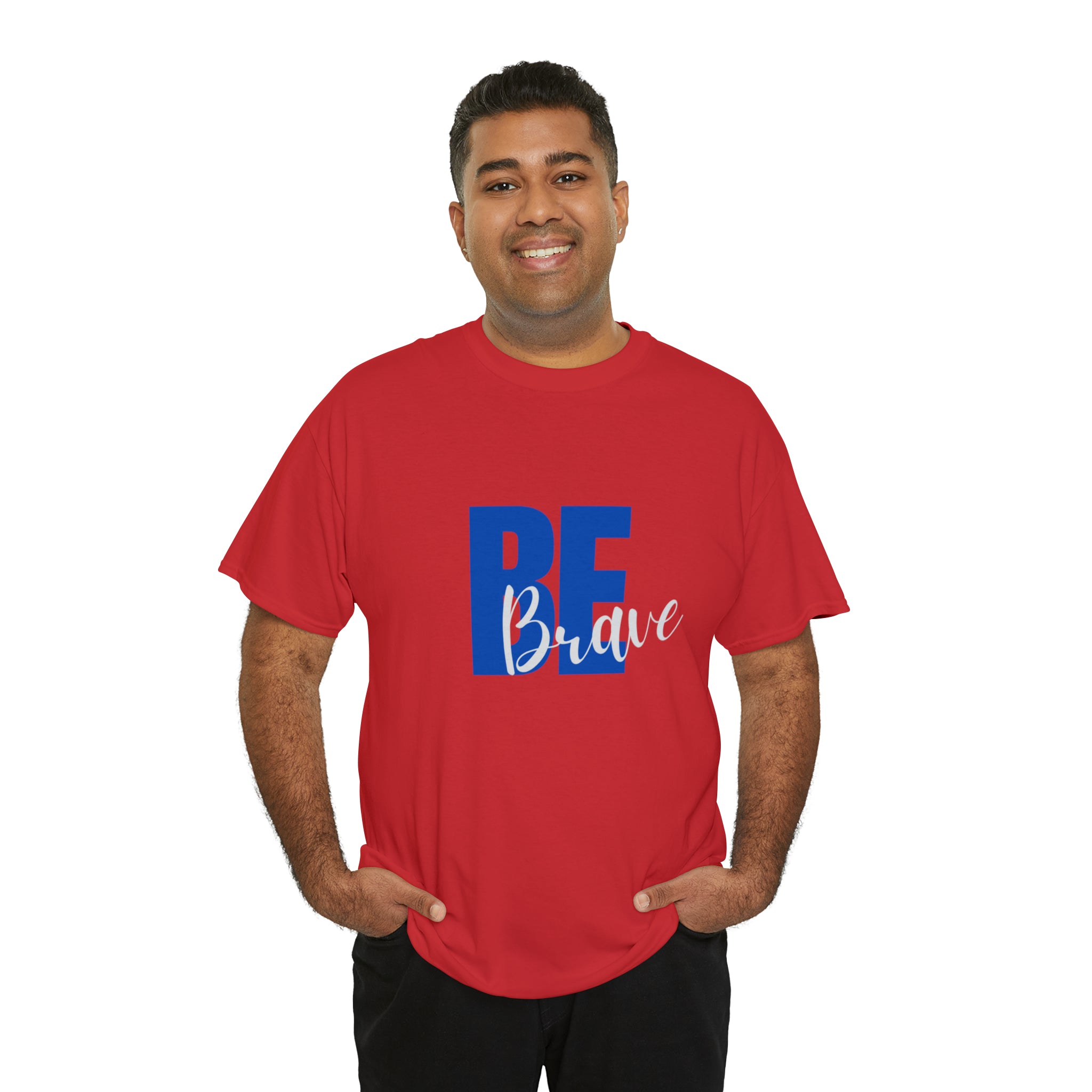 Adult Man red T-Shirt with "Be Brave" motivational image on front.