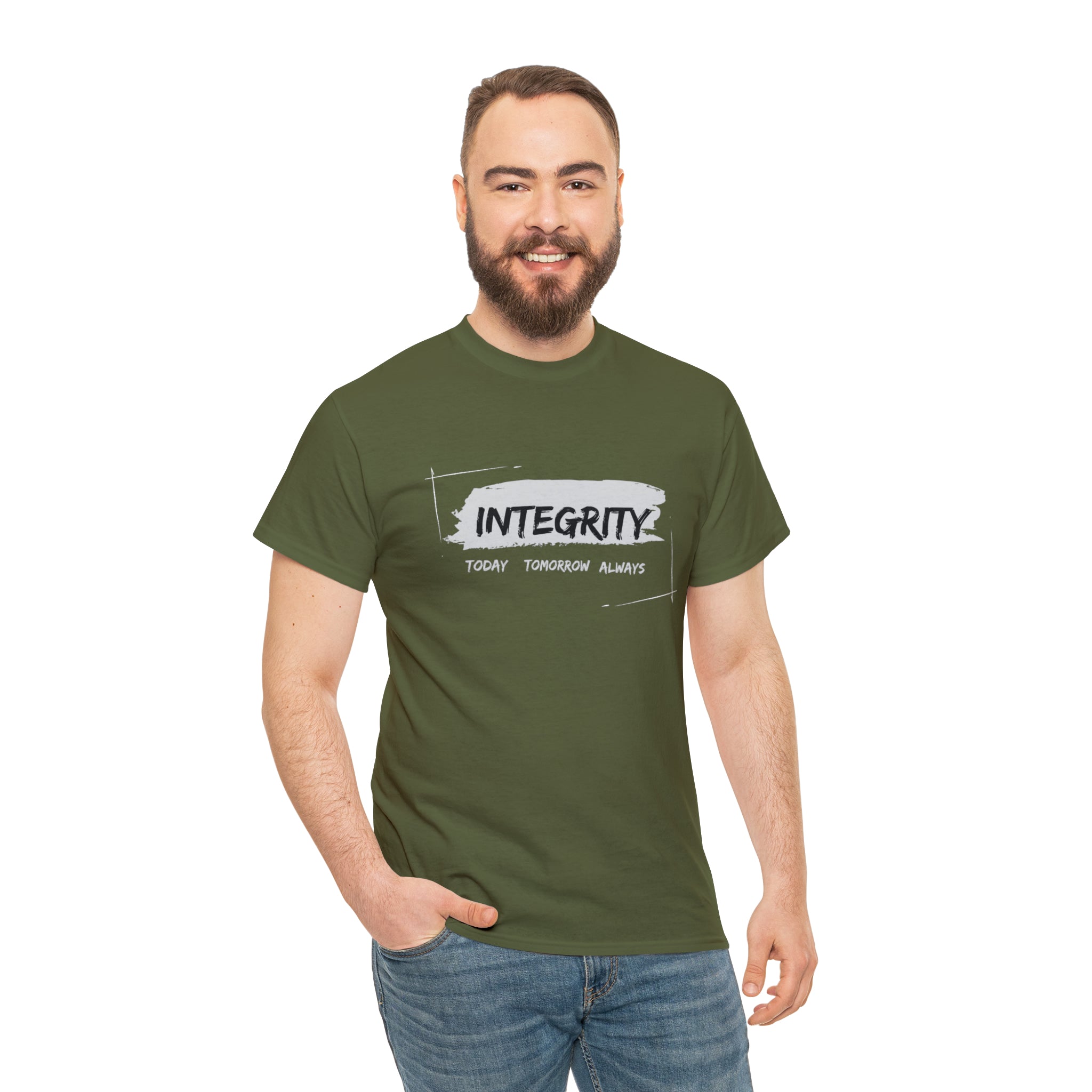 Adult man wearing military green T-Shirt " Integrity Today Tomorrow Always" inspired image.
