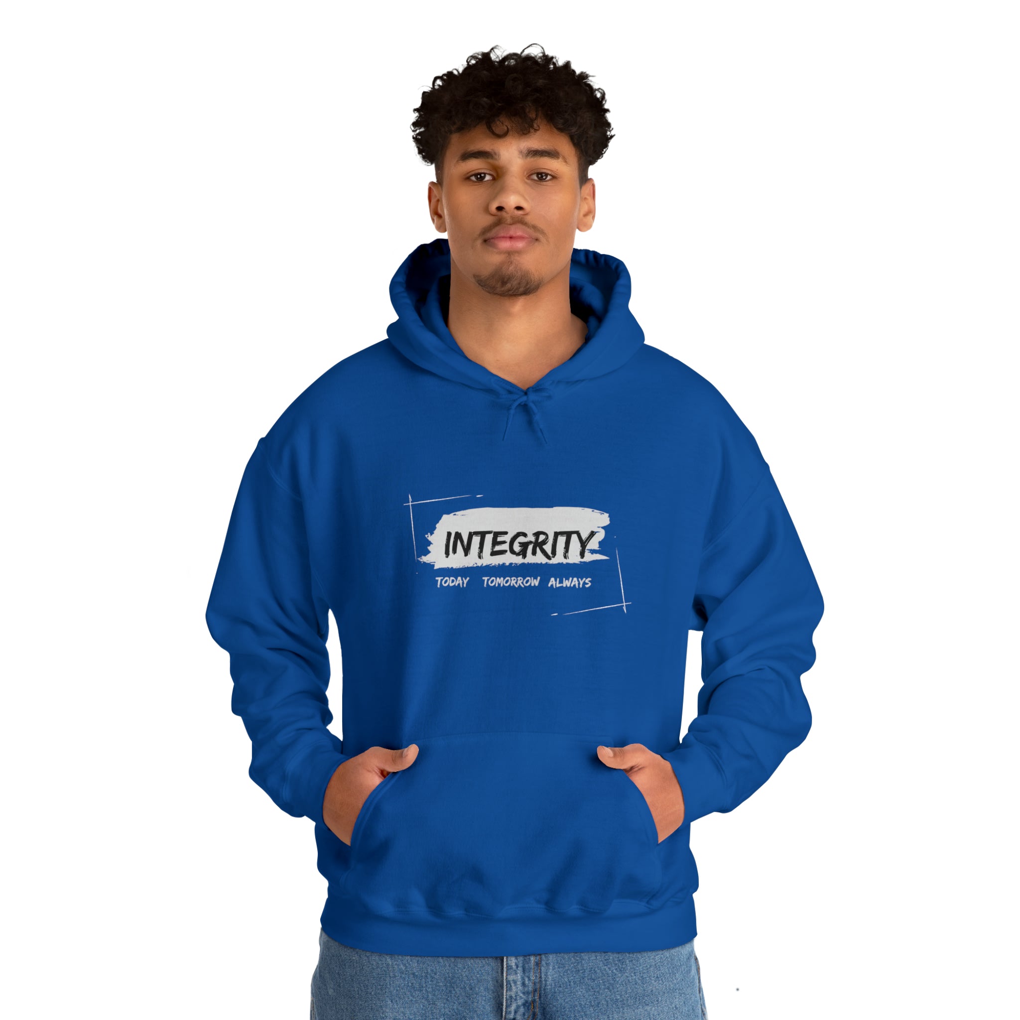 Adult male wearing Unisex royal hoodie " Integrity Today Tomorrow Always" inspired image.