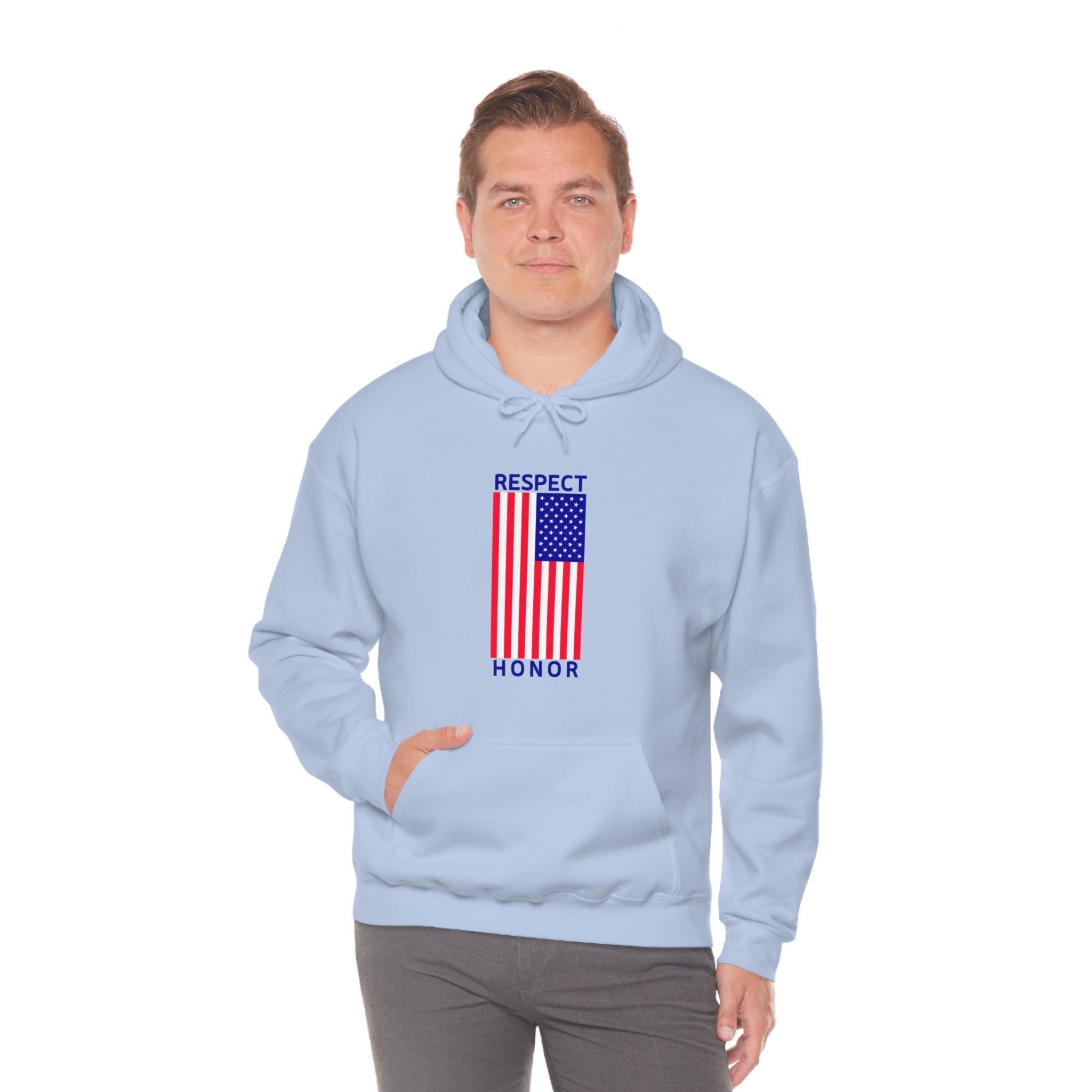 Adult man wearing light blue hoodie with "Respect Honor" Inspired Classic American Flag on front.