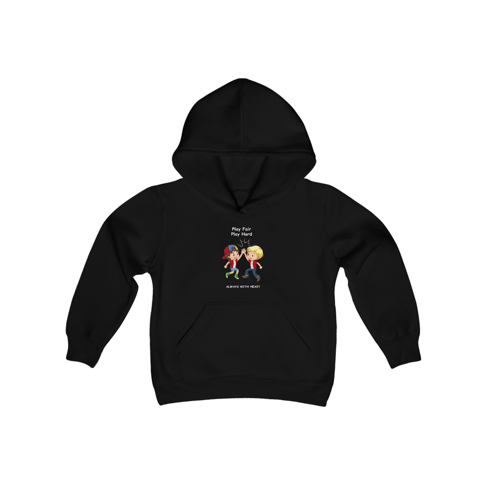 Youth unisex black hoodie with " Play Fair Play Hard Always with Heart" inspired graphic