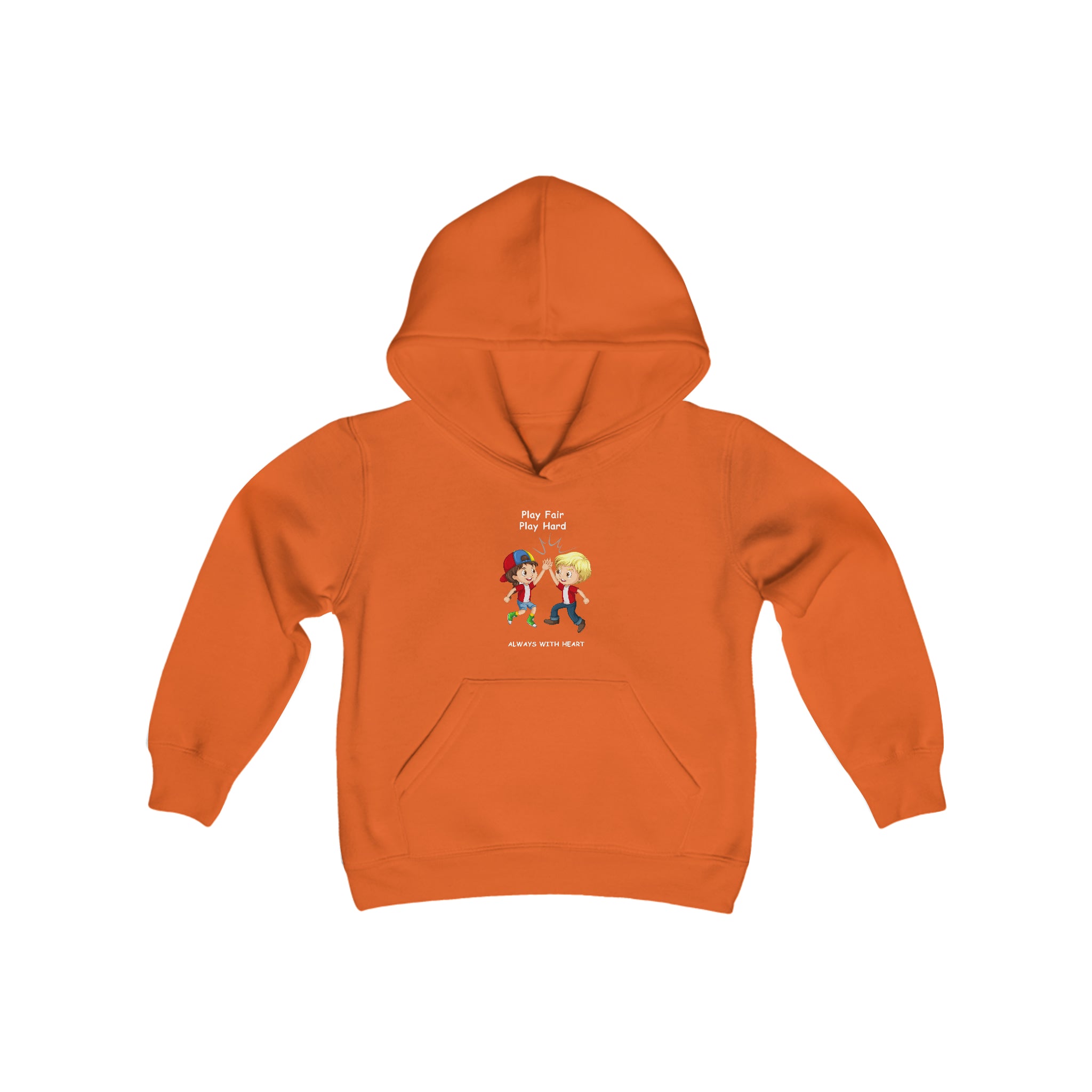 Youth unisex orange  hoodie with " Play Fair Play Hard Always with Heart" inspired graphic