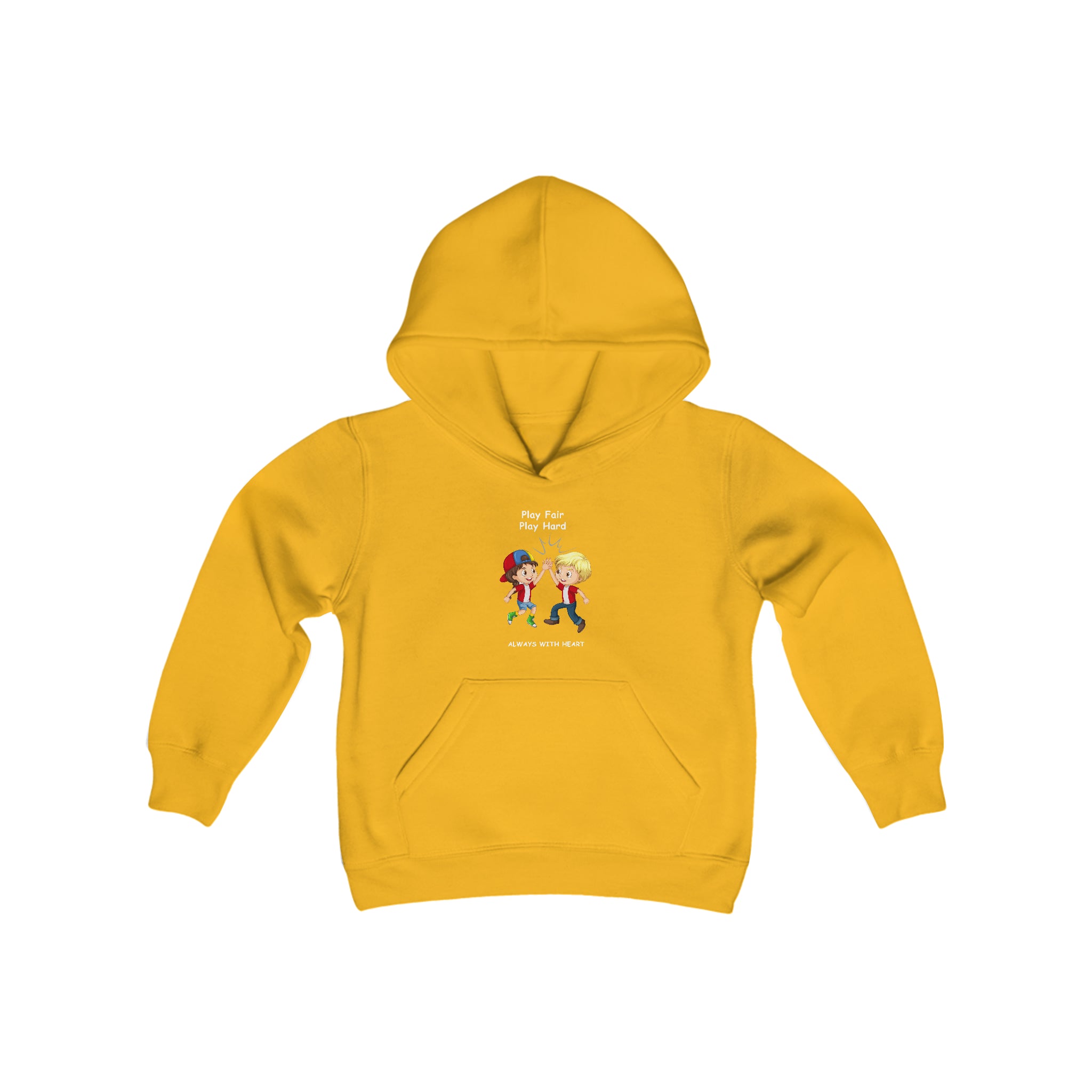 Youth unisex gold hoodie with " Play Fair Play Hard Always with Heart" inspired graphic