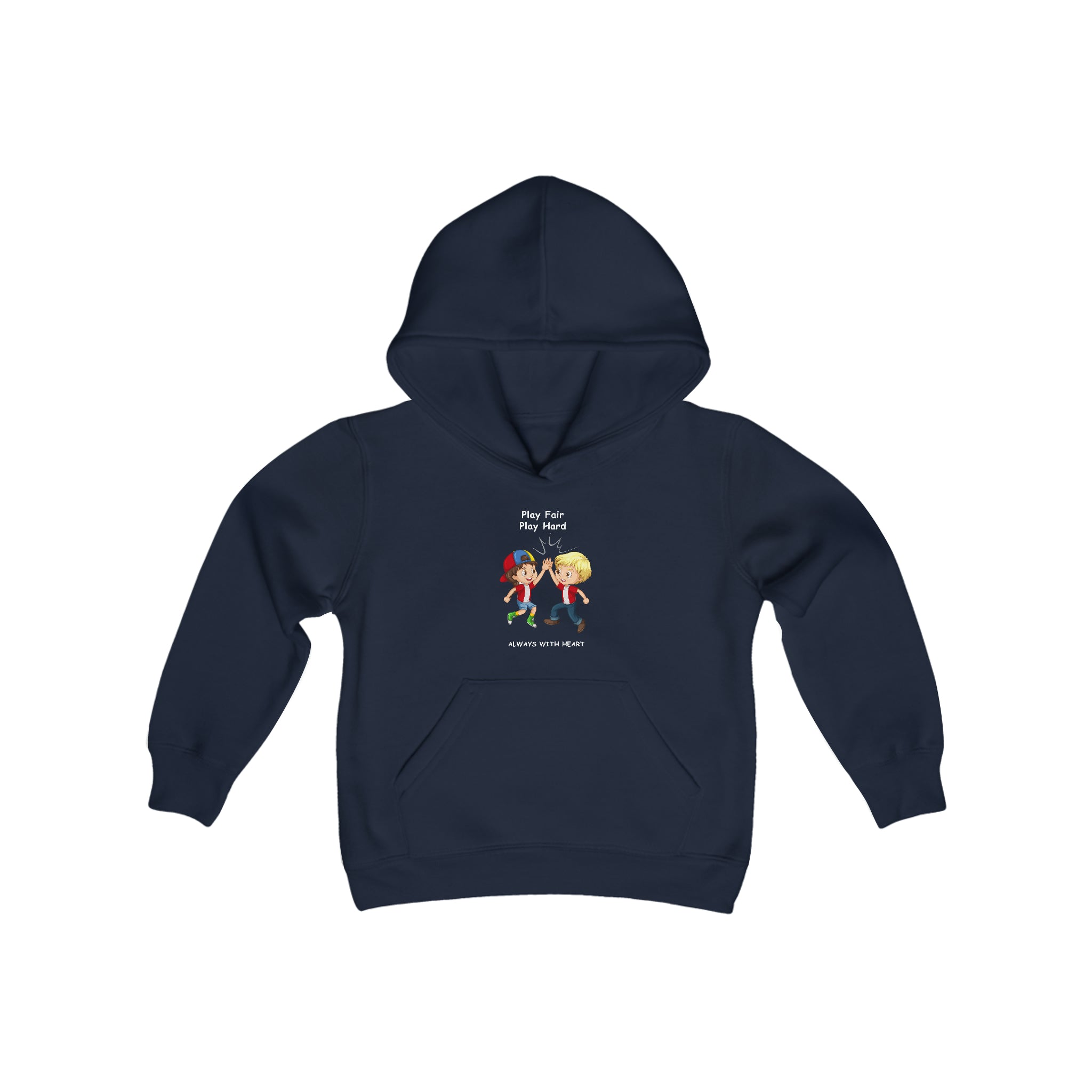 Youth unisex navy  hoodie with " Play Fair Play Hard Always with Heart" inspired graphic