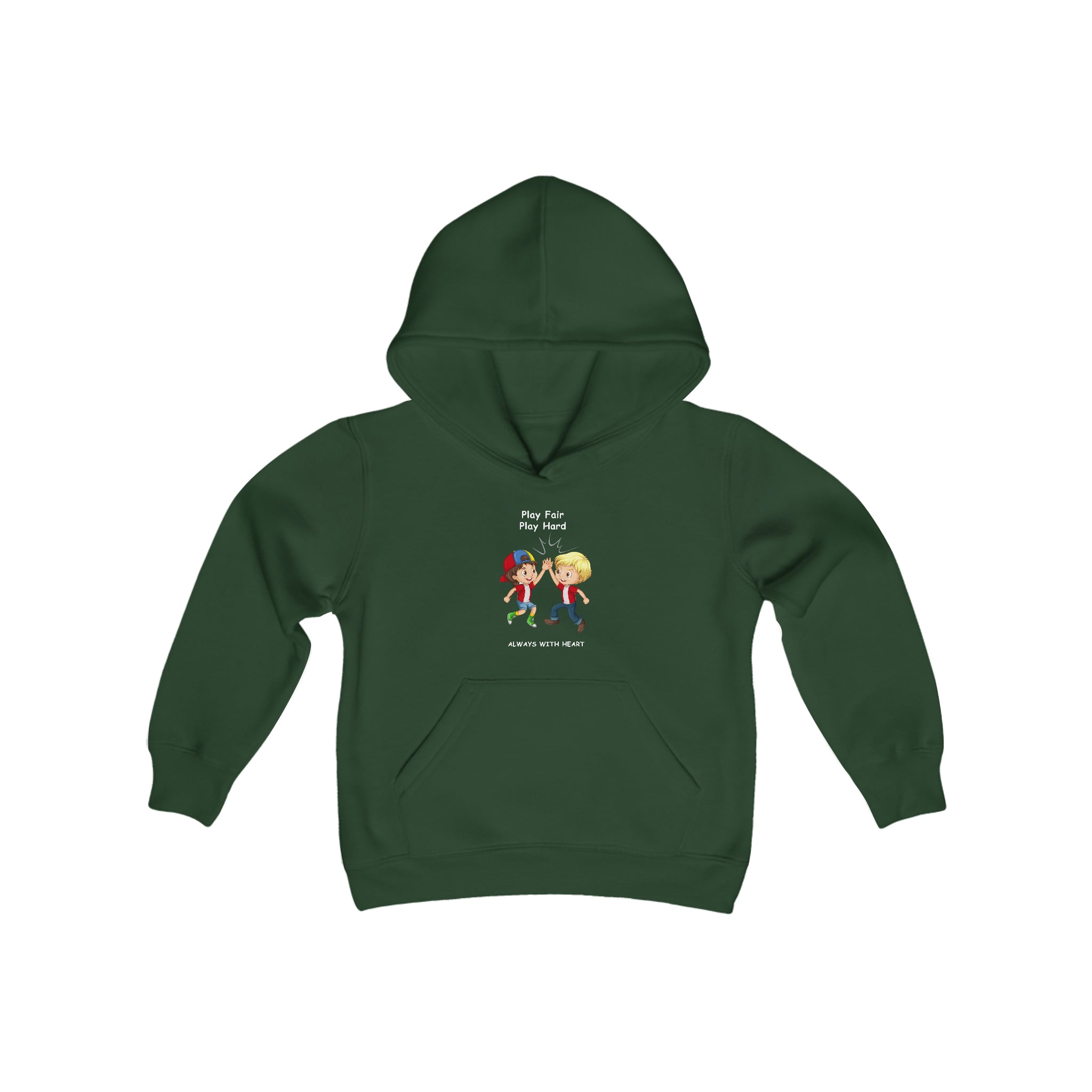 Youth unisex forest green  hoodie with " Play Fair Play Hard Always with Heart" inspired graphic