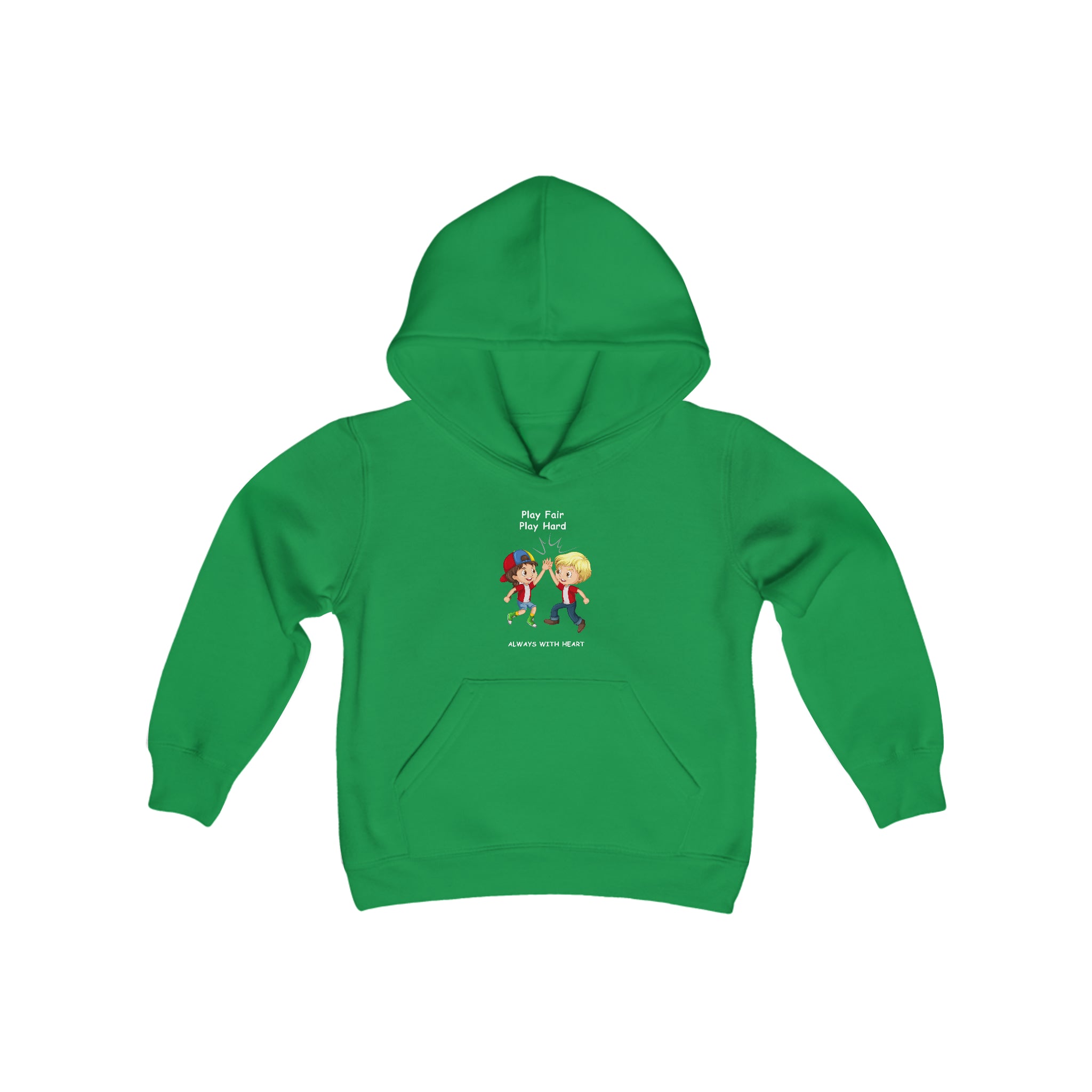 Youth unisex irish green  hoodie with " Play Fair Play Hard Always with Heart" inspired graphic