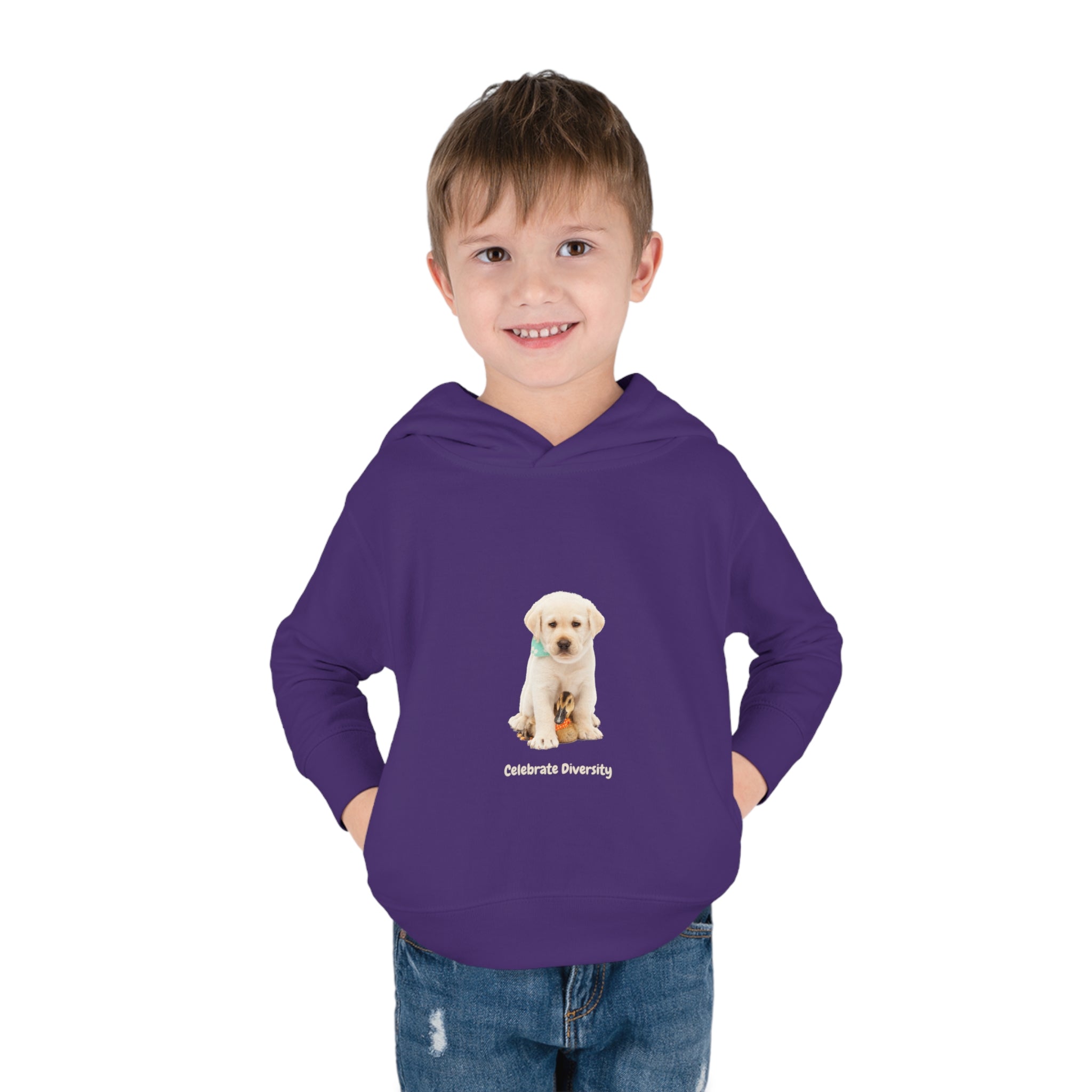 Toddler boy wearing purple unisex hoodie with "Celebrate Diversity" inspired graphic with puppy and duck on front.