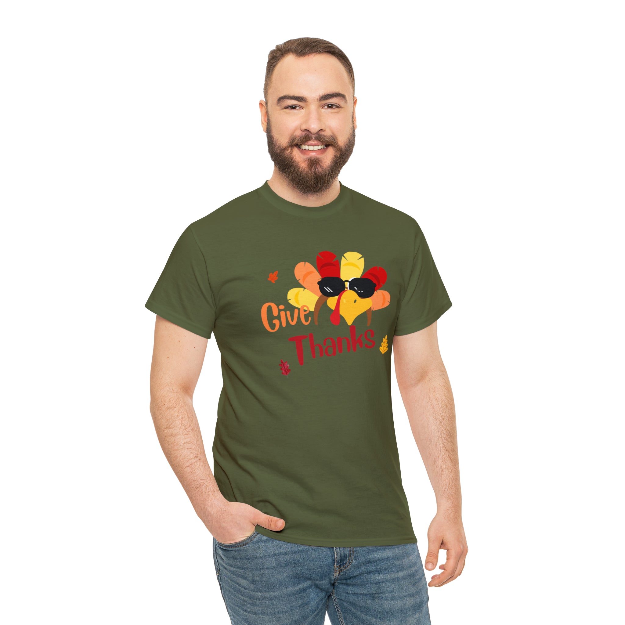 Adult men hunter green T-Shirt " Give Thanks" with Turkey head on front.