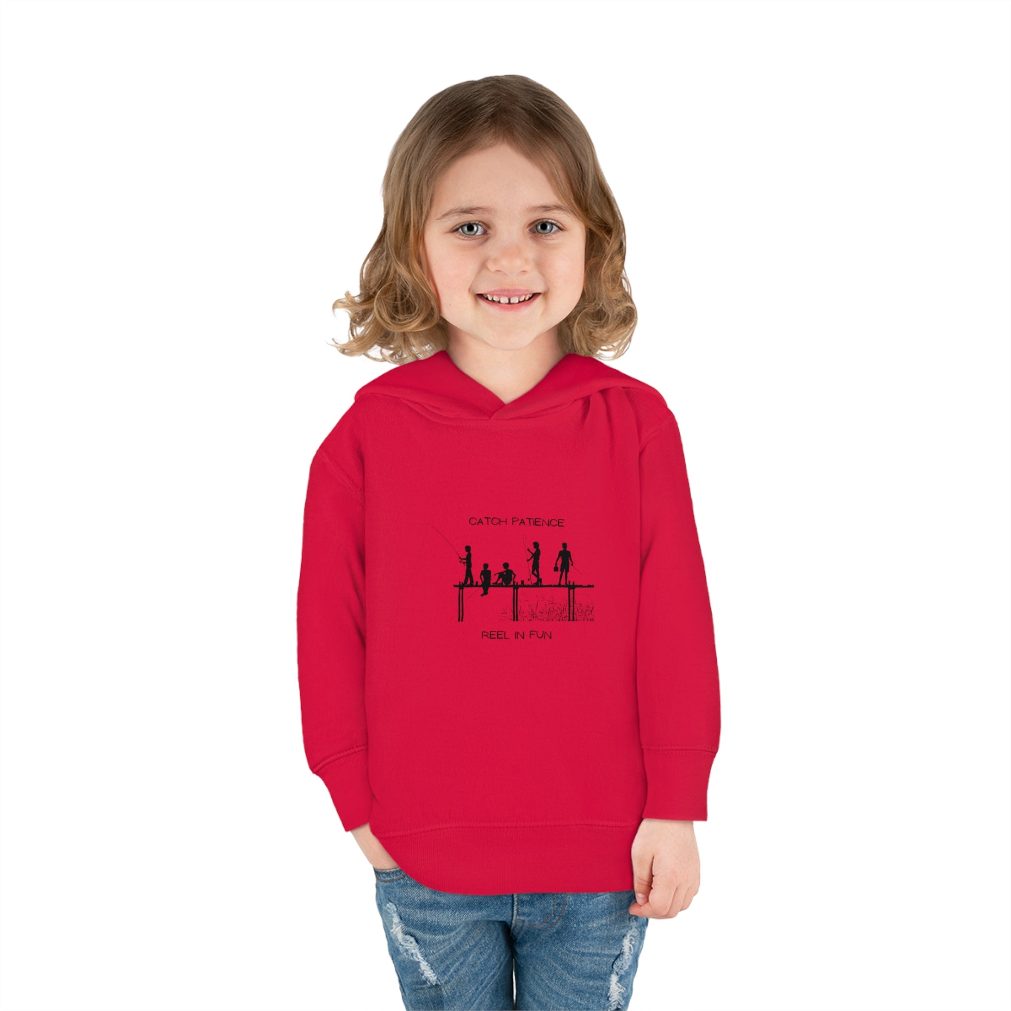 Girl Toddler unisex wearing red hoodie with "Catch Patience Reel in Fun" inspired graphic of people fishing.