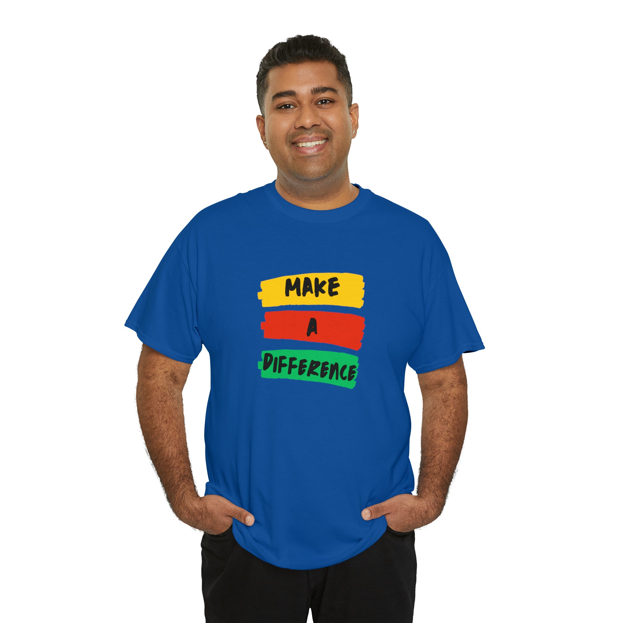 Adult male unisex royal T-Shirt with " Make A Difference" inspired images.