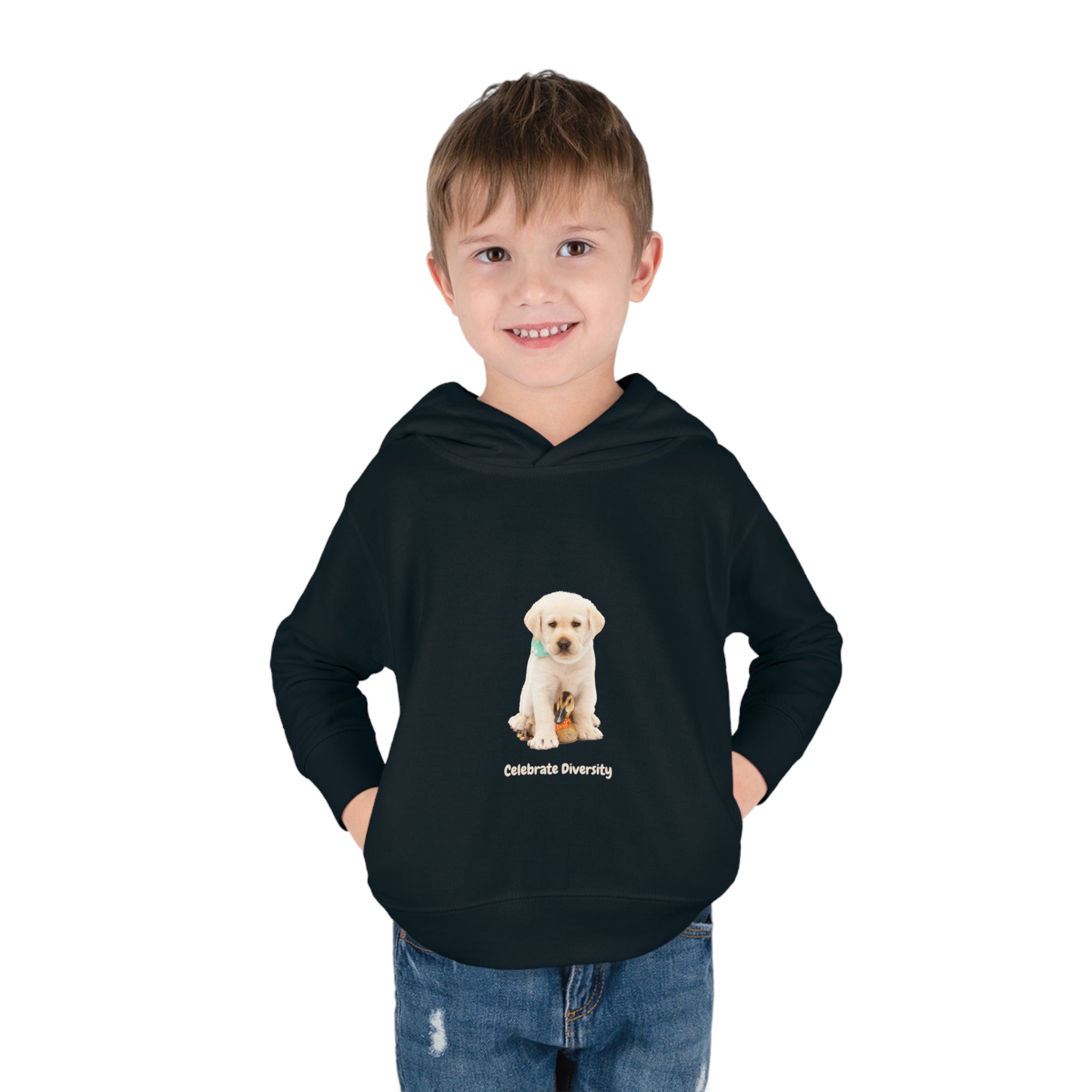 Toddler boy wearing black unisex hoodie with "Celebrate Diversity" inspired graphic with puppy and duck on front.